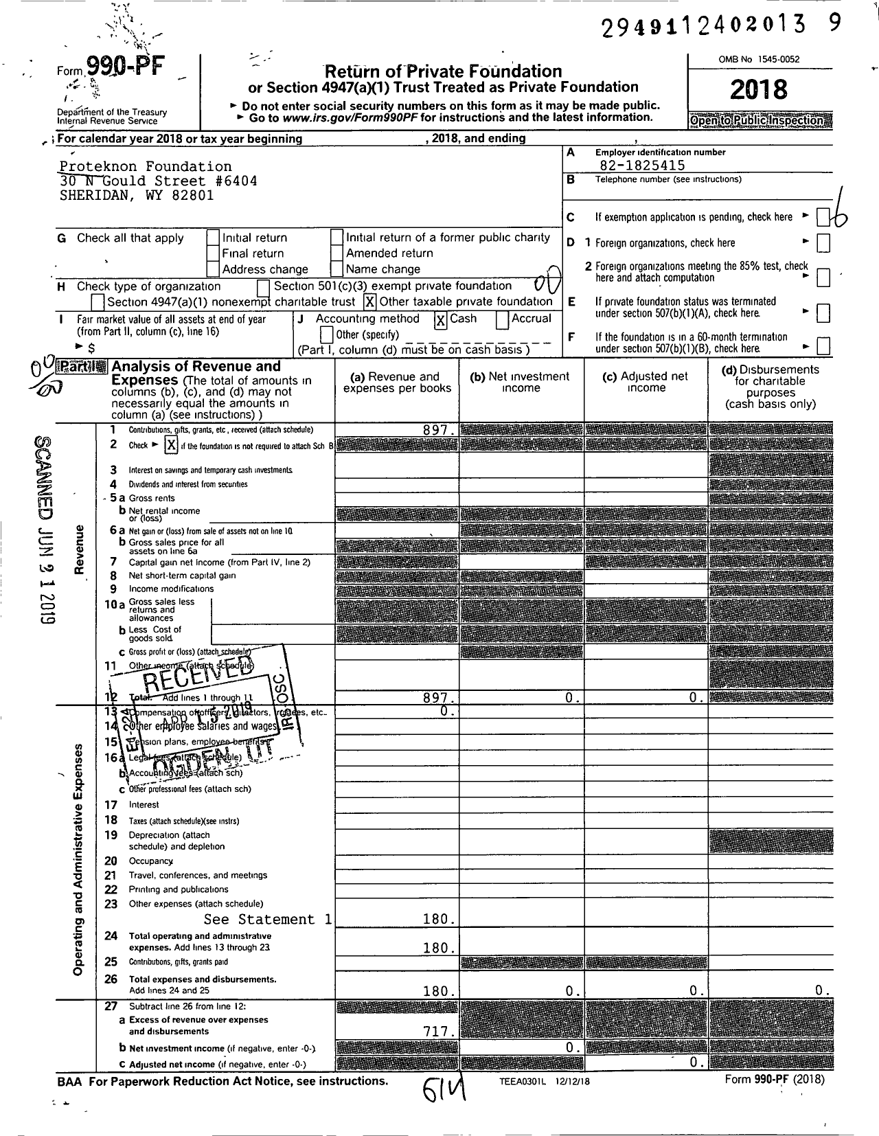 Image of first page of 2018 Form 990PF for Proteknon Foundation