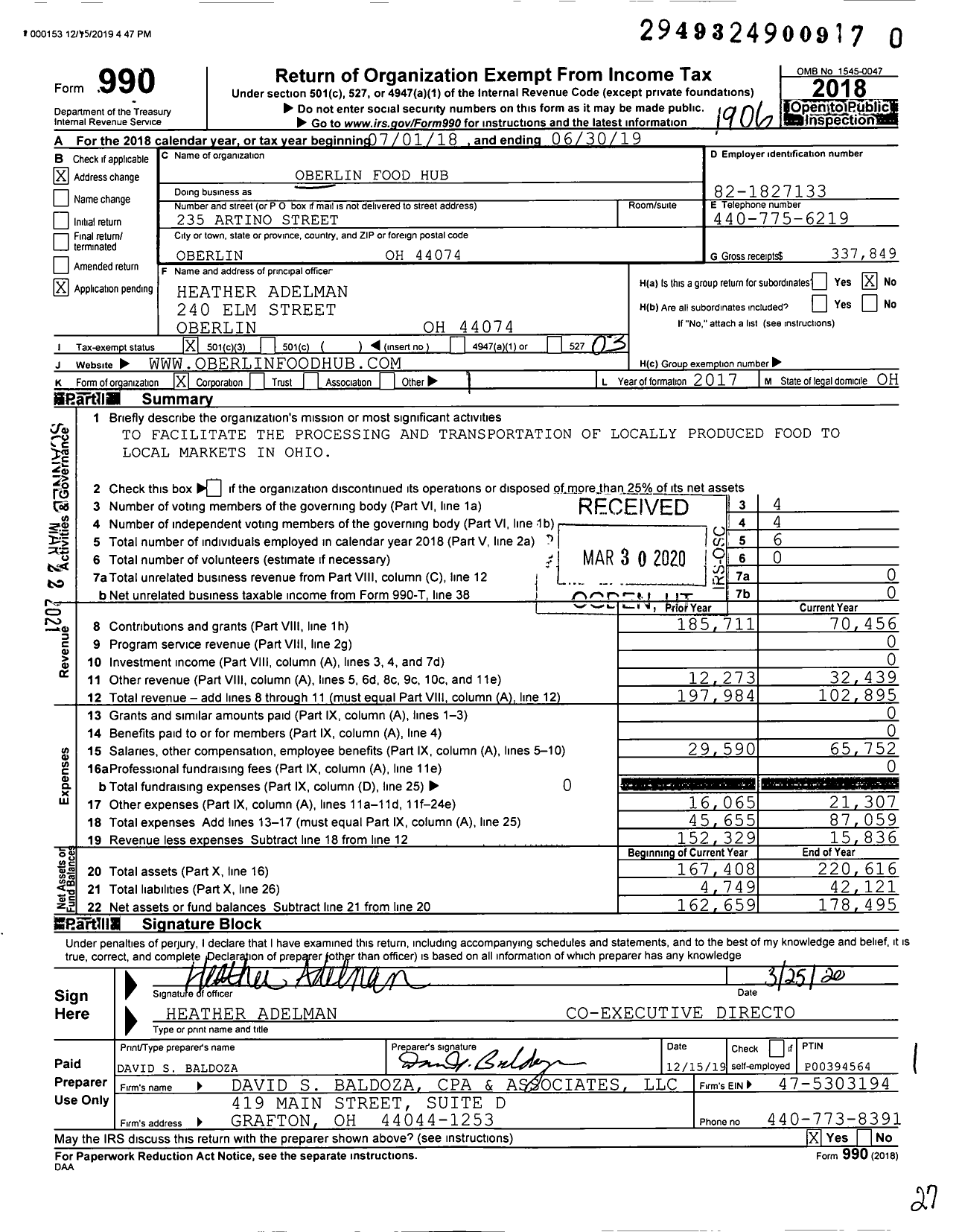 Image of first page of 2018 Form 990 for Oberlin Food Hub