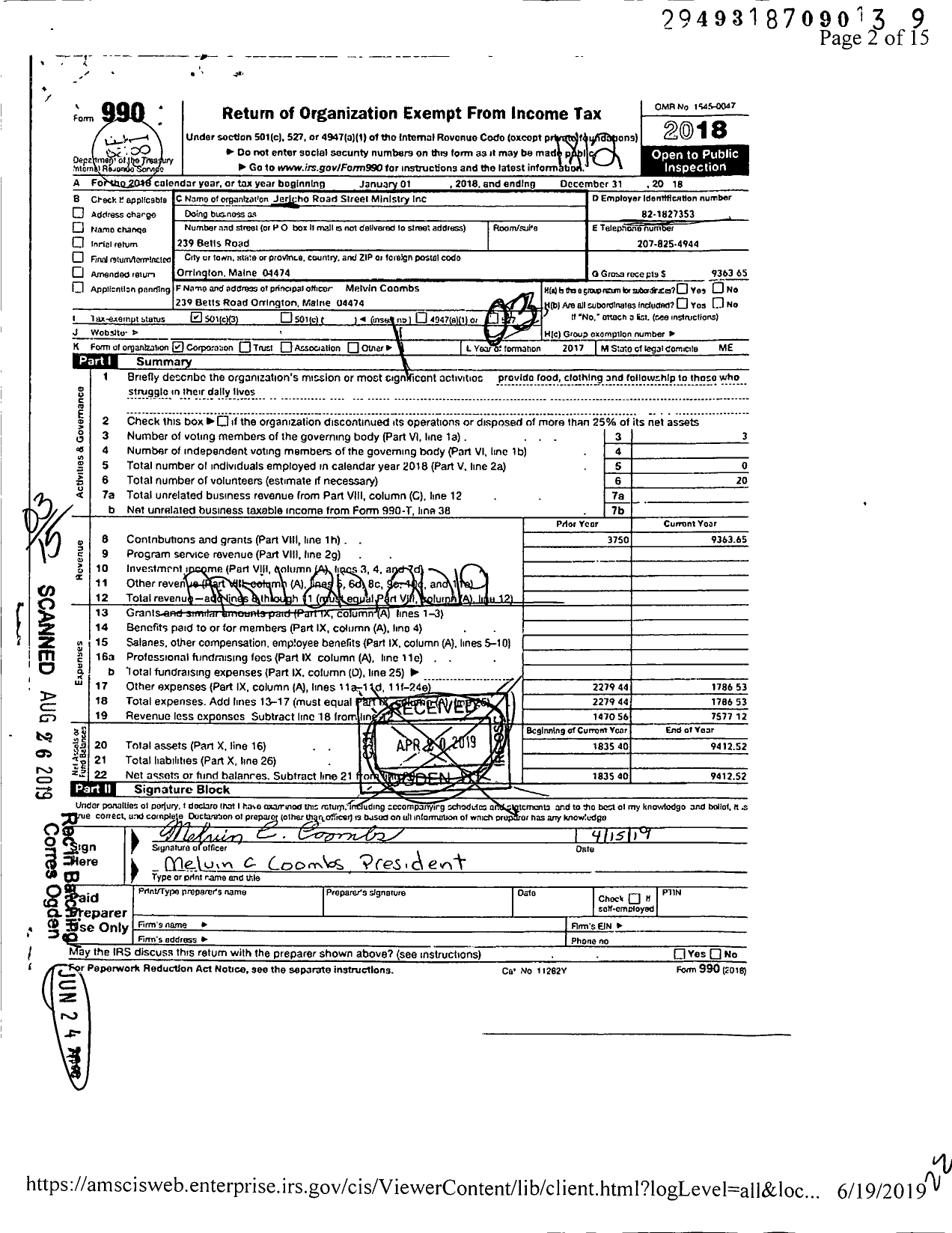 Image of first page of 2018 Form 990 for Jericho Road Street Ministry