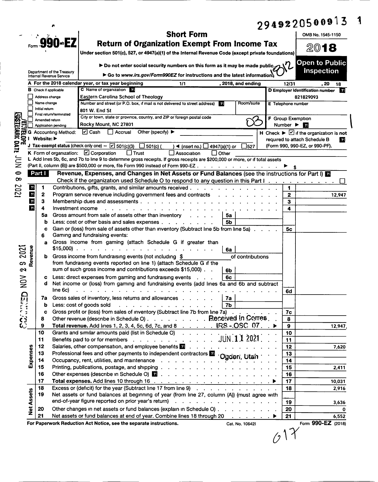 Image of first page of 2018 Form 990EZ for Eastern Carolina School of Theology