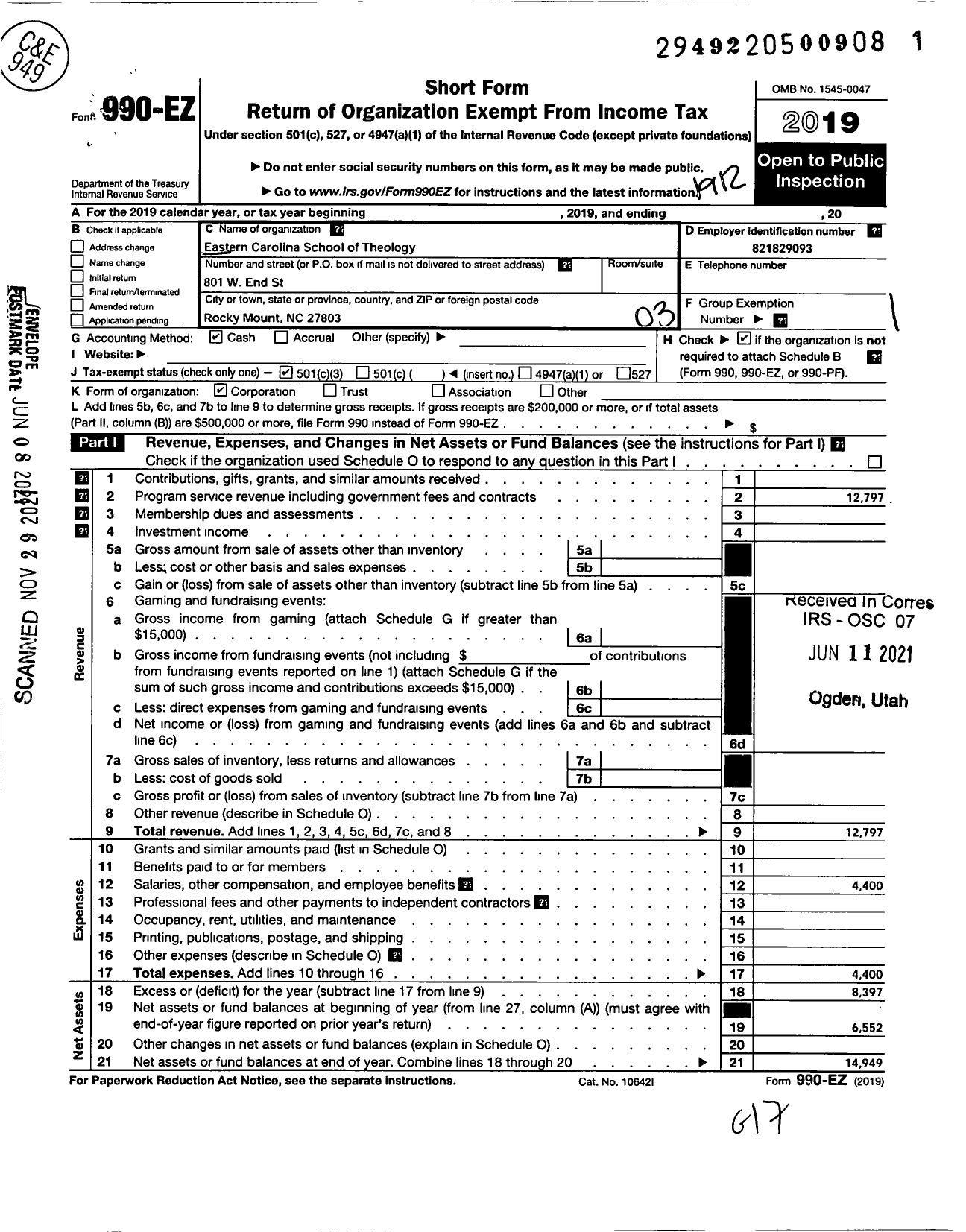 Image of first page of 2019 Form 990EZ for Eastern Carolina School of Theology