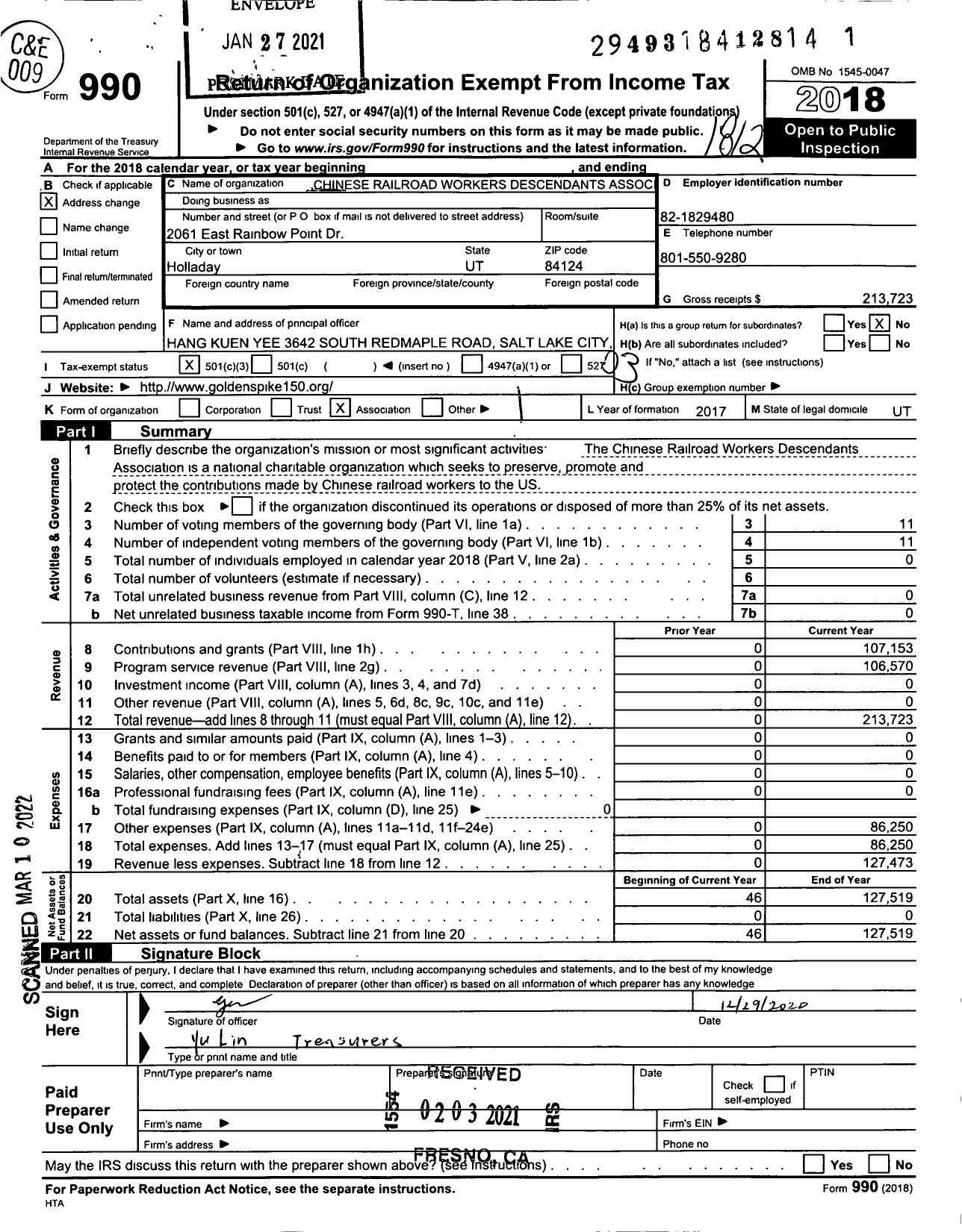 Image of first page of 2018 Form 990 for Chinese Railroad Workers Descendants Association