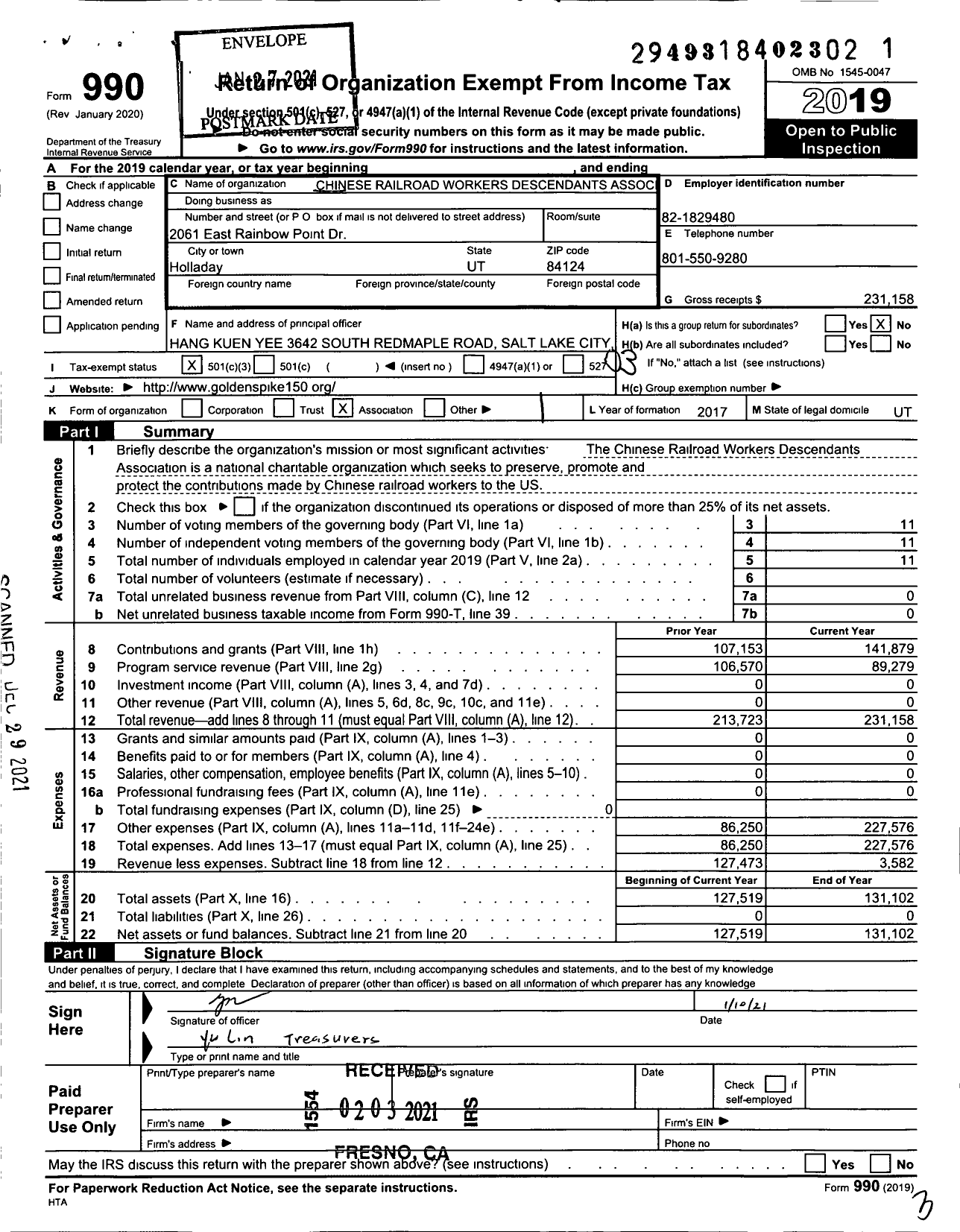 Image of first page of 2019 Form 990 for Chinese Railroad Workers Descendants Association