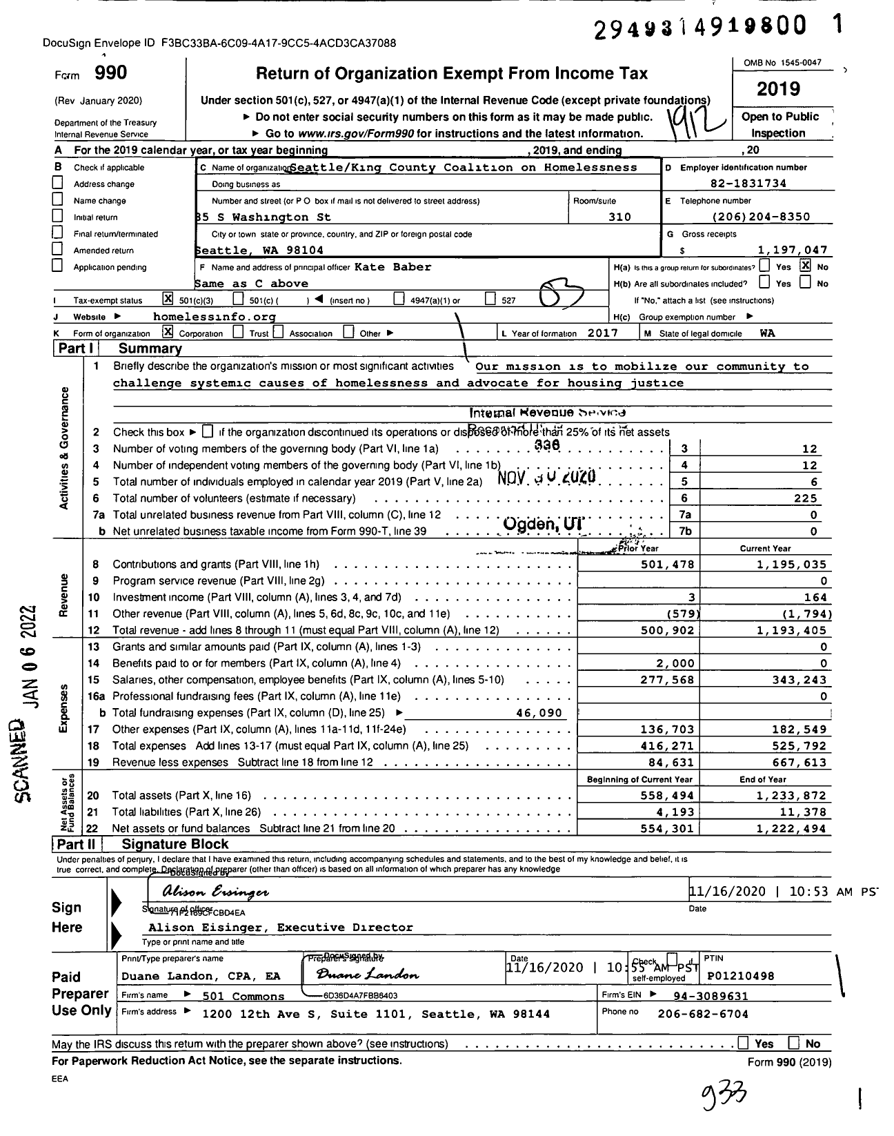 Image of first page of 2019 Form 990 for SeattleKing County Coalition on Homelessness