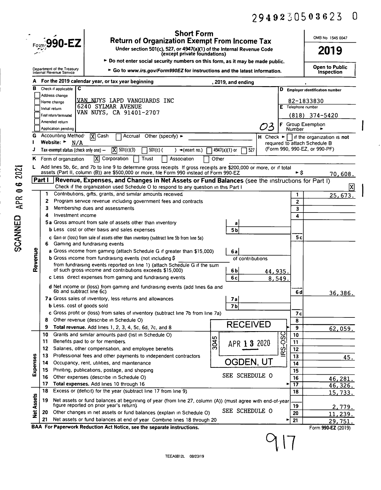 Image of first page of 2019 Form 990EZ for Van Nuys Lapd Vanguards