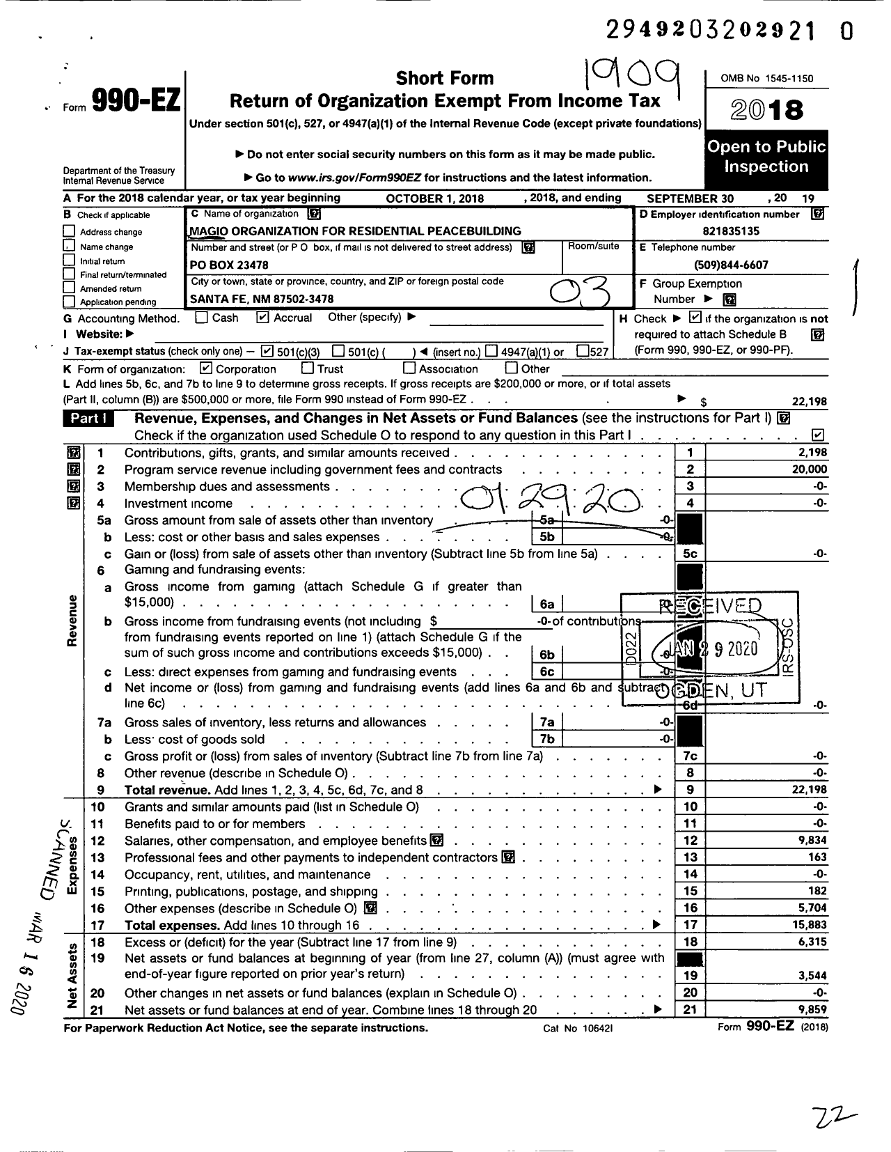 Image of first page of 2018 Form 990EZ for Magio Organization for Residential Peacebuilding