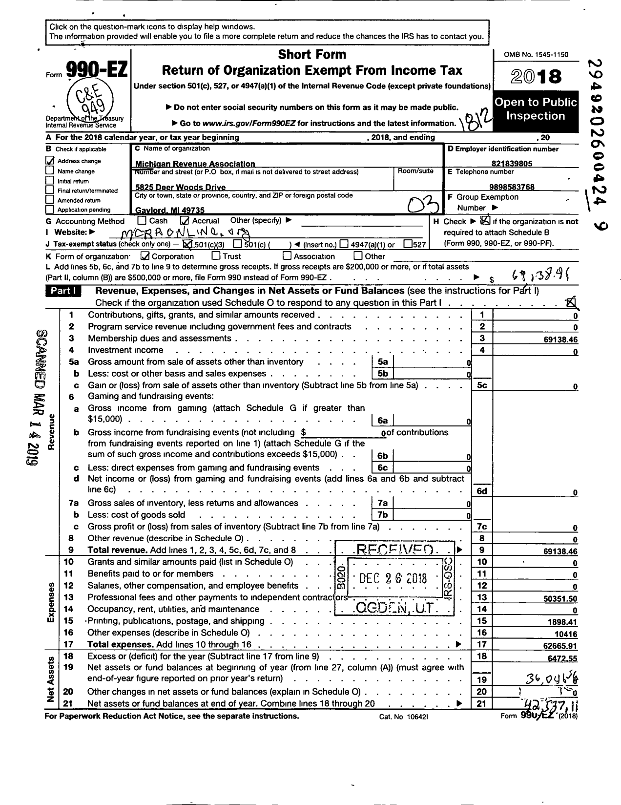 Image of first page of 2018 Form 990EZ for Michigan Revenue Cycle Association