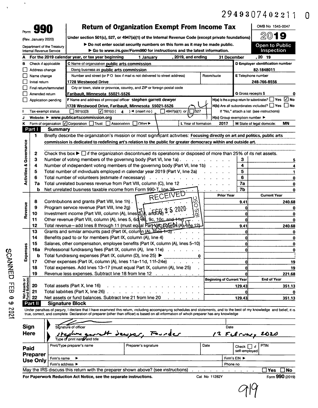 Image of first page of 2019 Form 990O for Public Arts Commission