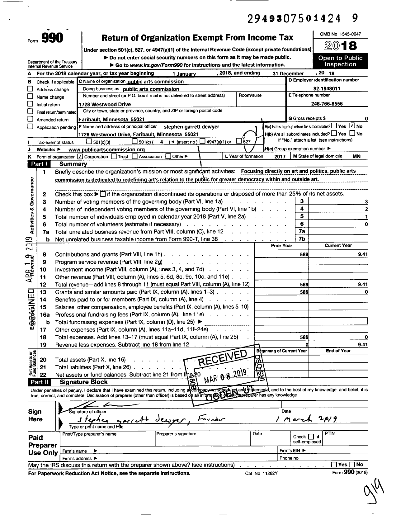 Image of first page of 2018 Form 990O for Public Arts Commission