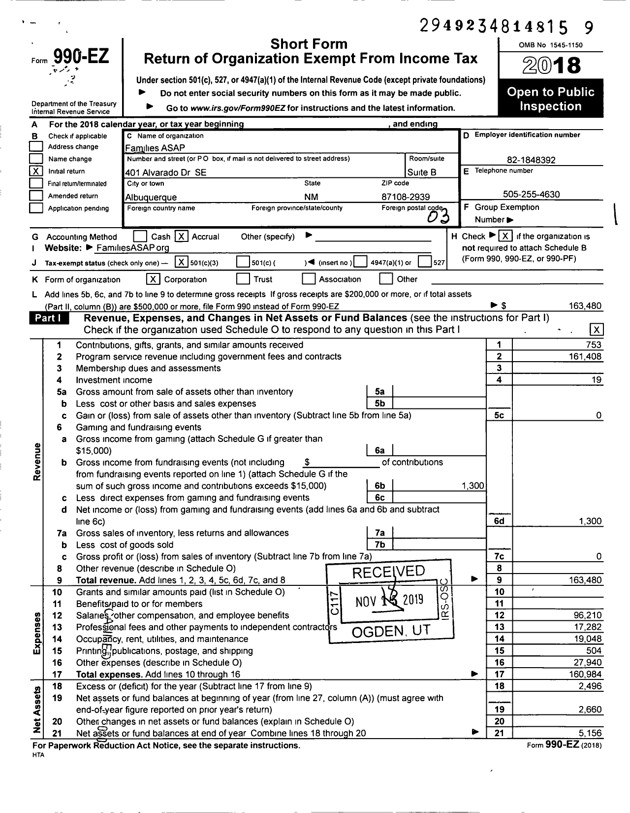 Image of first page of 2018 Form 990EZ for Families ASAP