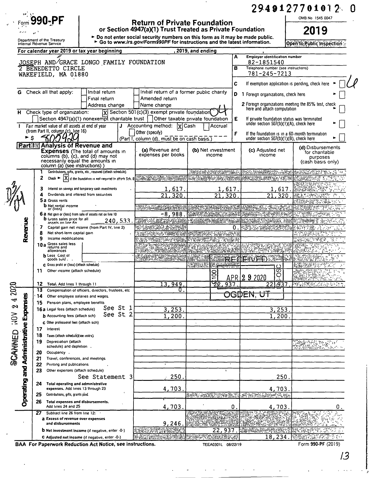 Image of first page of 2019 Form 990PF for Joseph and Grace Longo Family Foundation