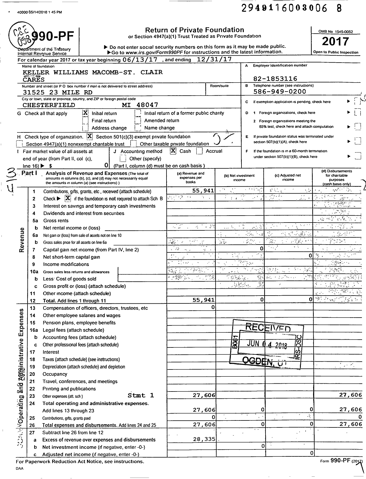 Image of first page of 2017 Form 990PF for Keller Williams Macomb St Clair Cares