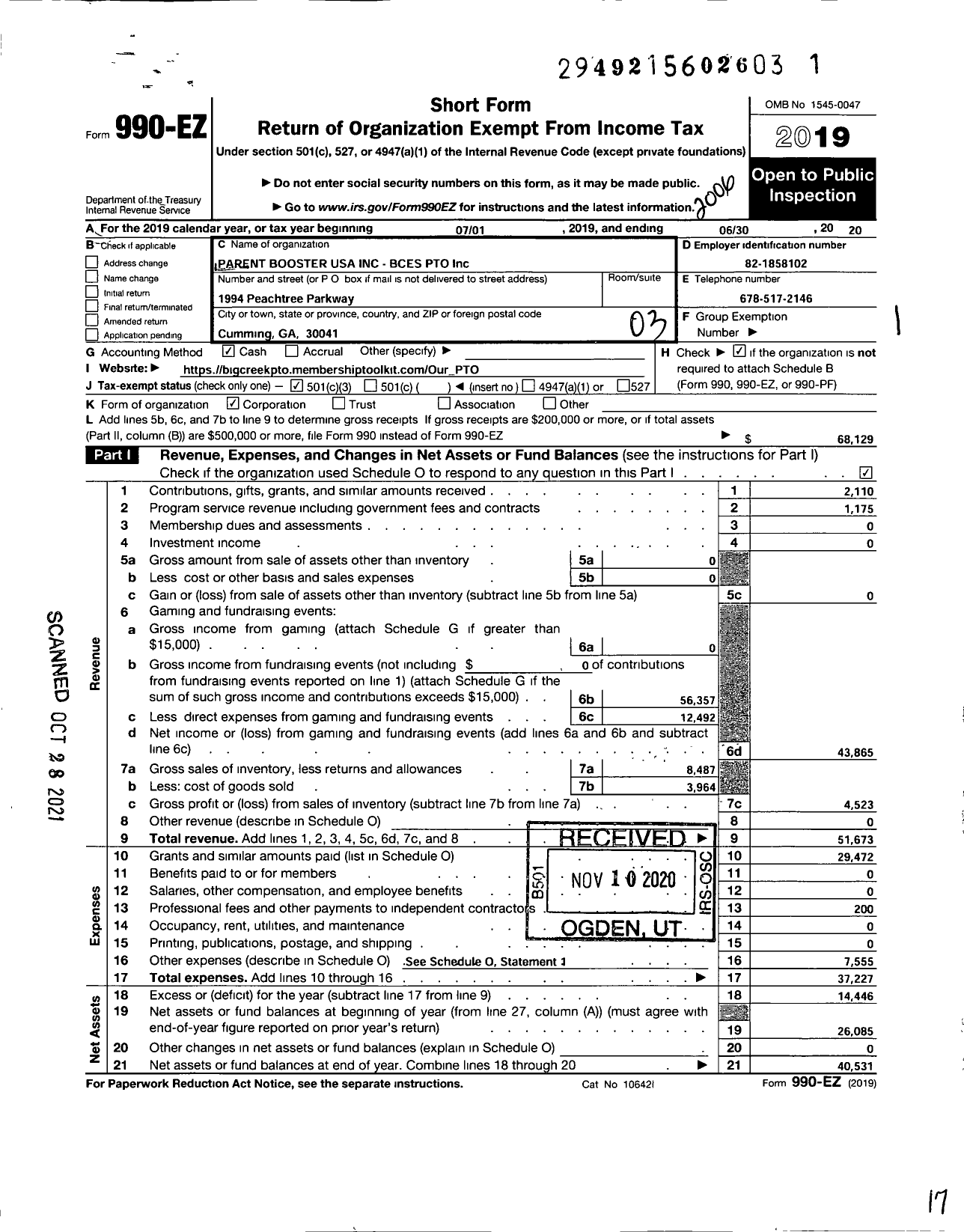 Image of first page of 2019 Form 990EZ for Bces Pto (Bces Pto Inc)