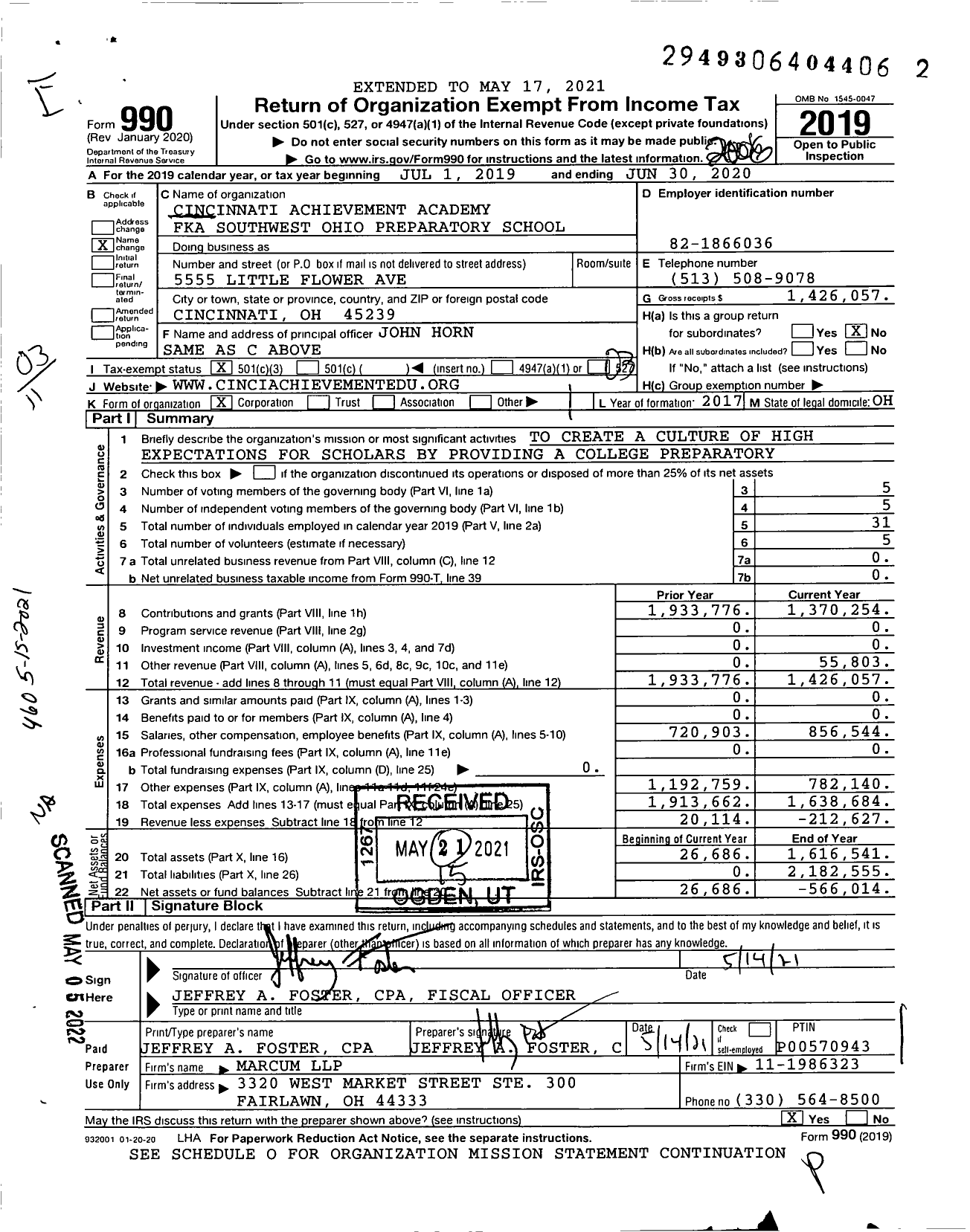 Image of first page of 2019 Form 990 for Cincinnati Achievement Academy