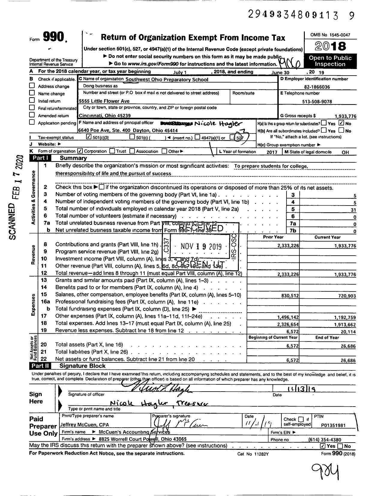 Image of first page of 2018 Form 990 for Cincinnati Achievement Academy