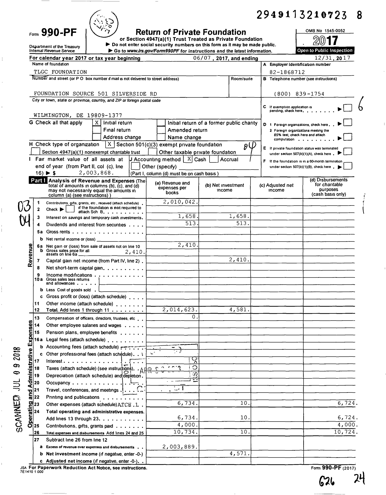 Image of first page of 2017 Form 990PF for TLGC Foundation