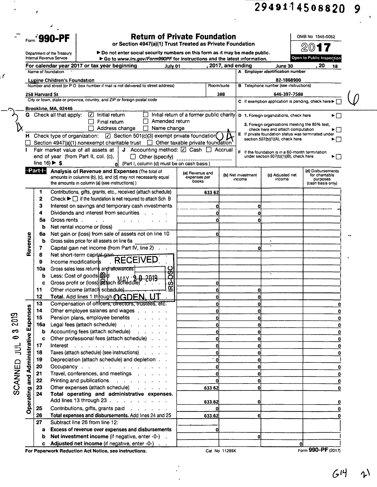 Image of first page of 2017 Form 990PF for Lupine Childrens Foundatoin