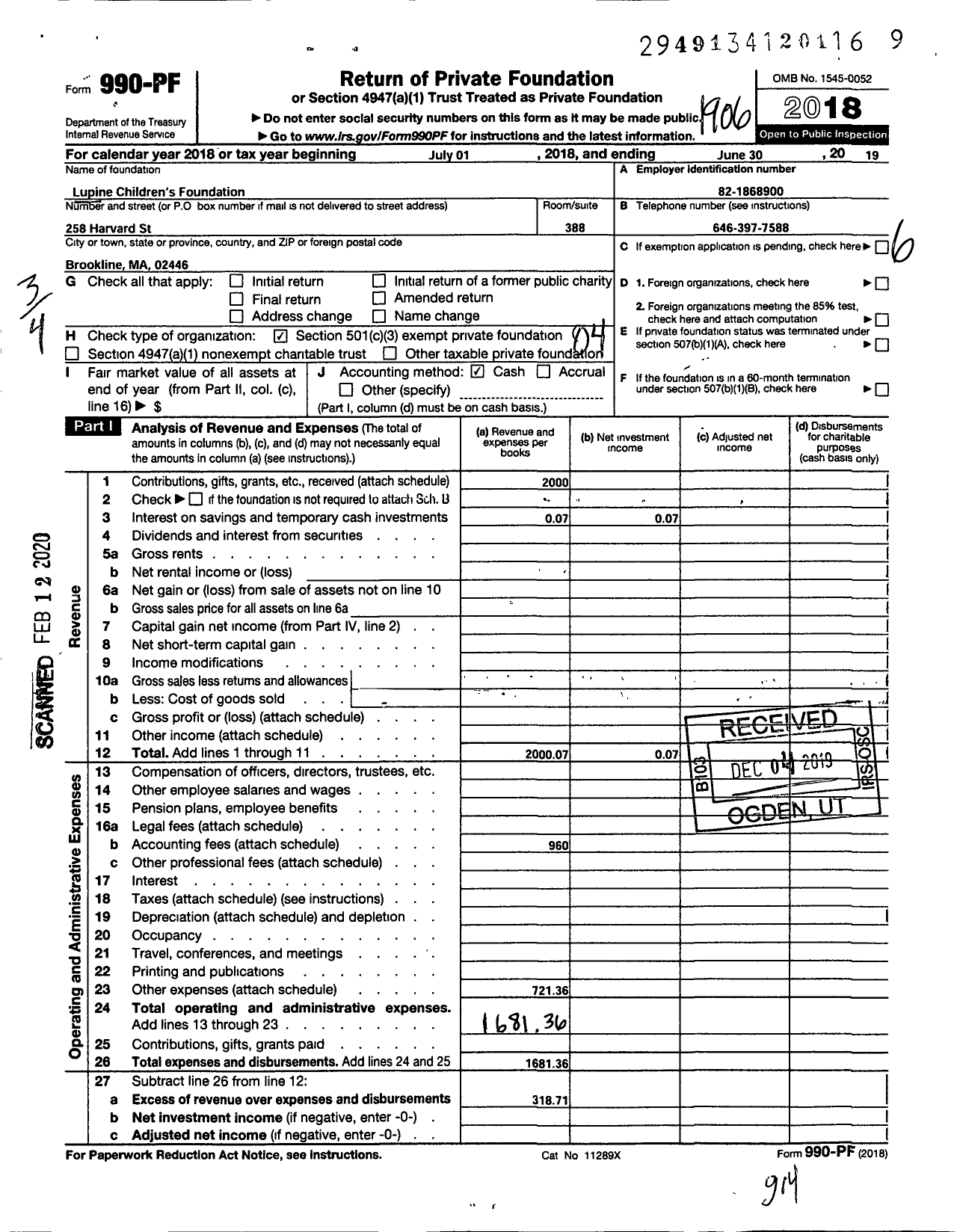 Image of first page of 2018 Form 990PF for Lupine Childrens Foundatoin