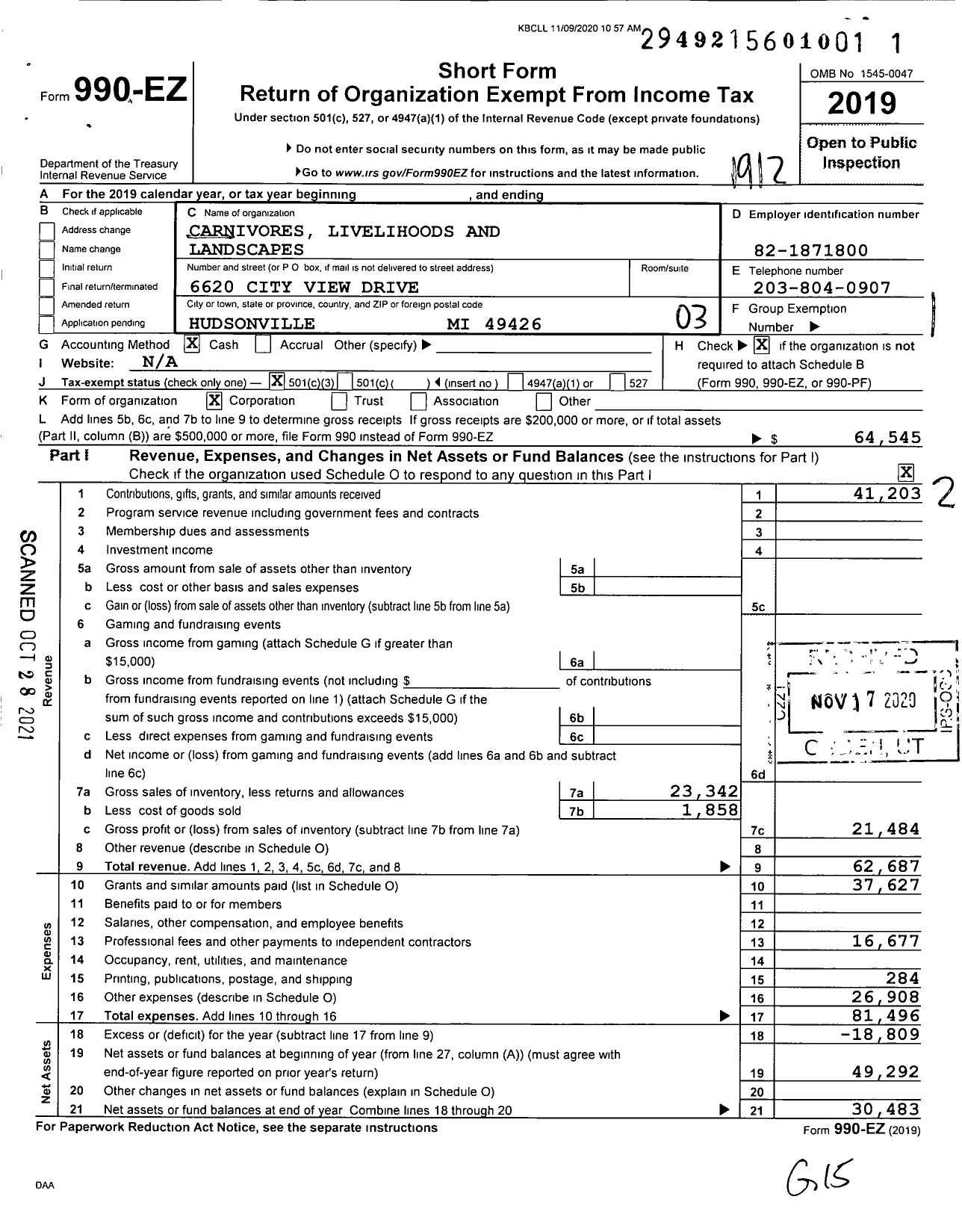 Image of first page of 2019 Form 990EZ for Carnivores Livelihoods and Landscapes