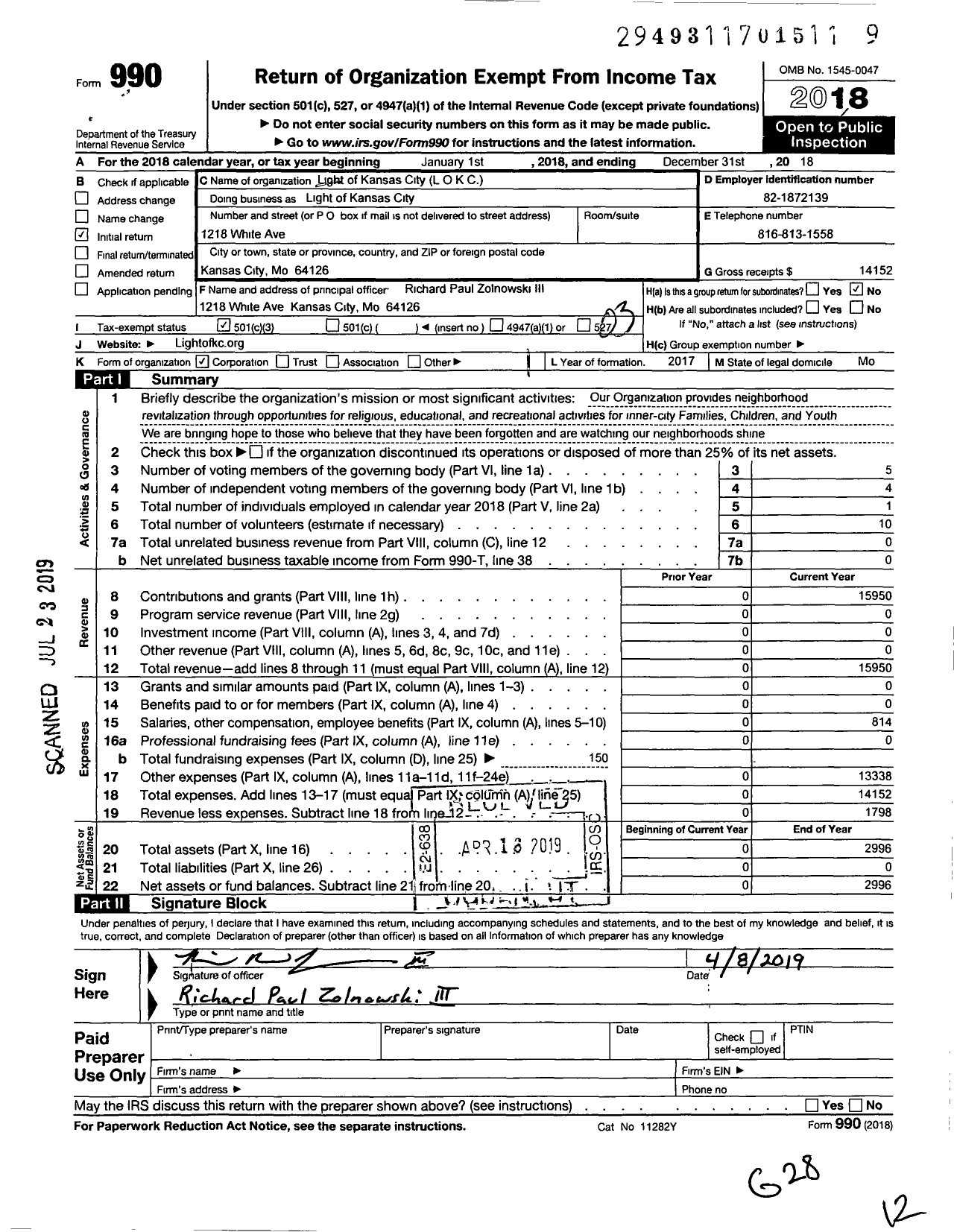 Image of first page of 2018 Form 990 for Light of Kansas City