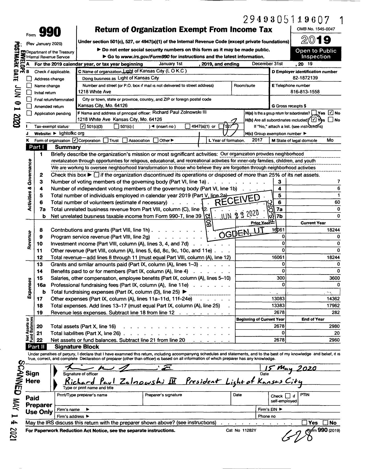 Image of first page of 2019 Form 990 for Light of Kansas City