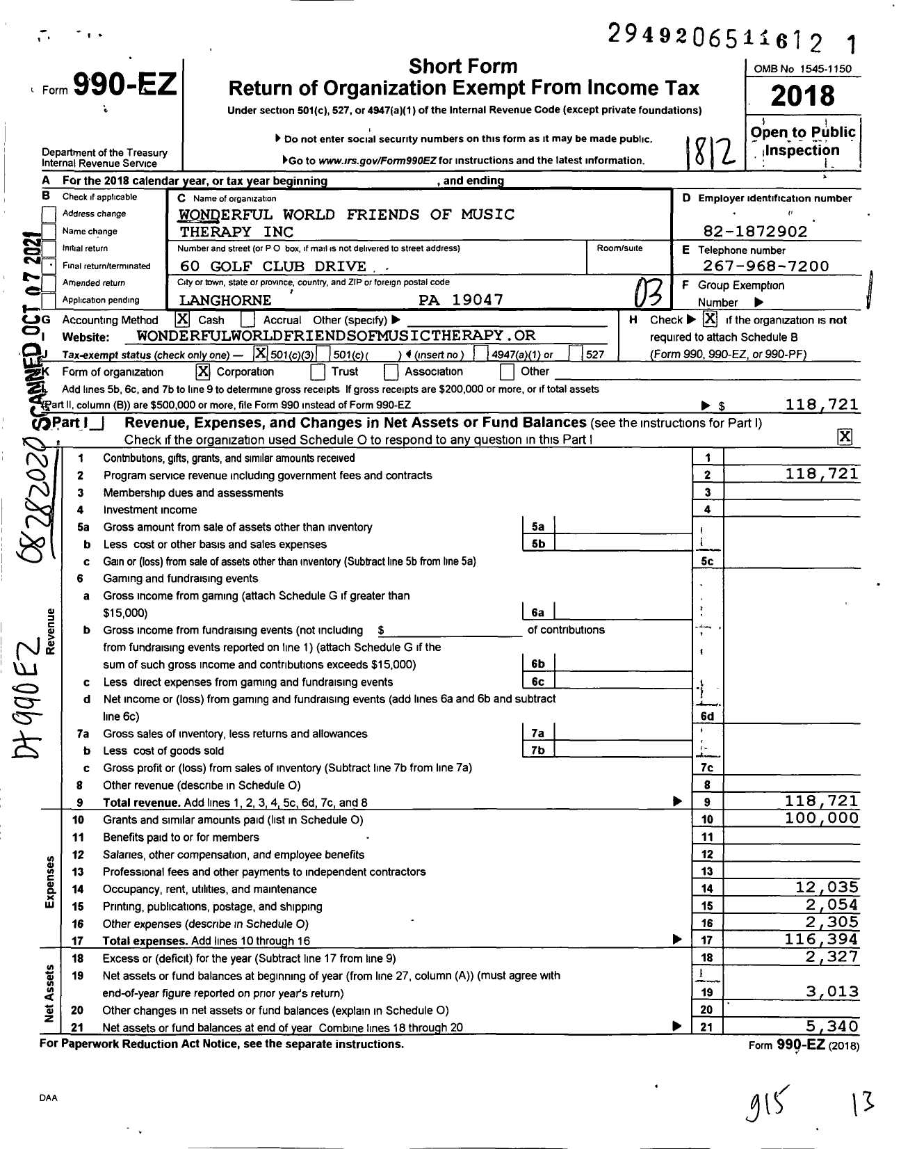 Image of first page of 2018 Form 990EZ for Wonderful World Friends of Music Therapy