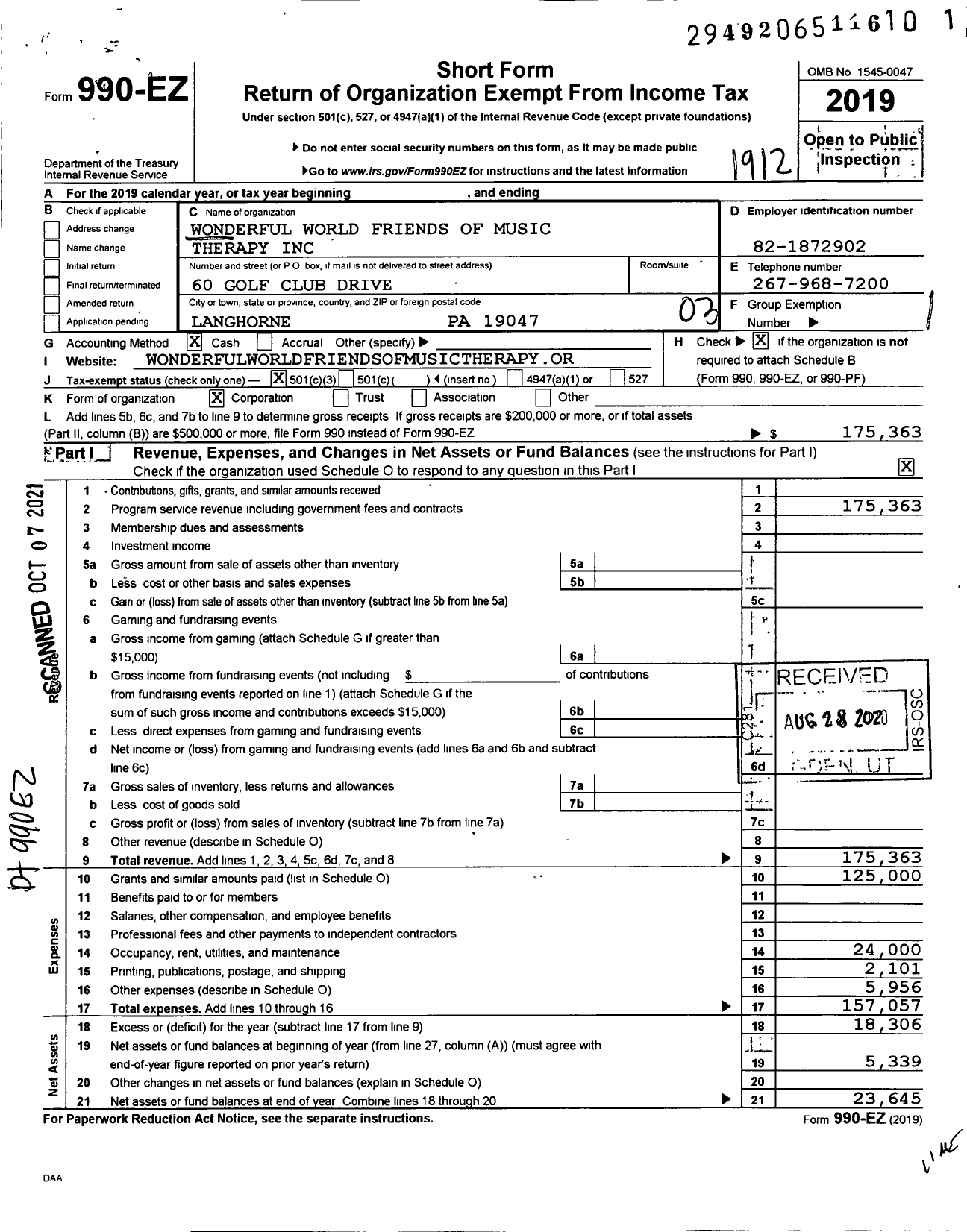 Image of first page of 2019 Form 990EZ for Wonderful World Friends of Music Therapy