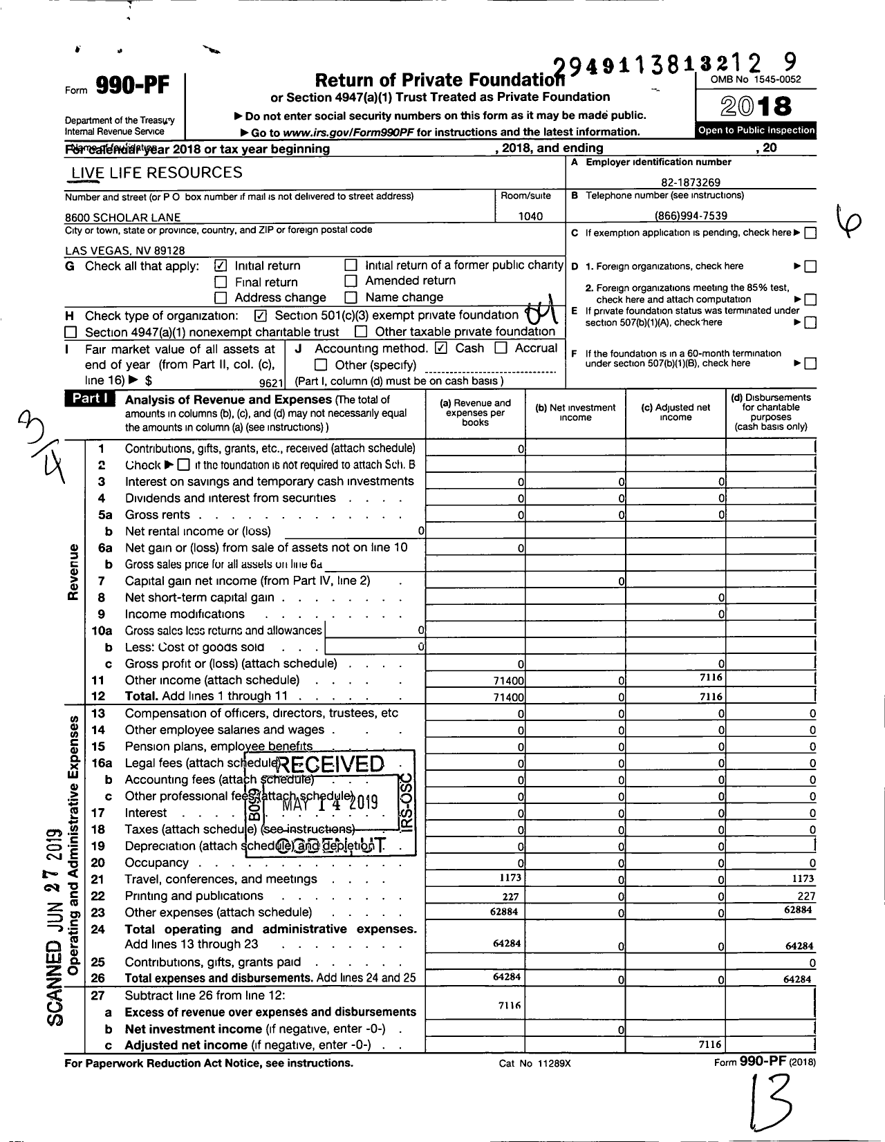 Image of first page of 2018 Form 990PF for Live Life Resources