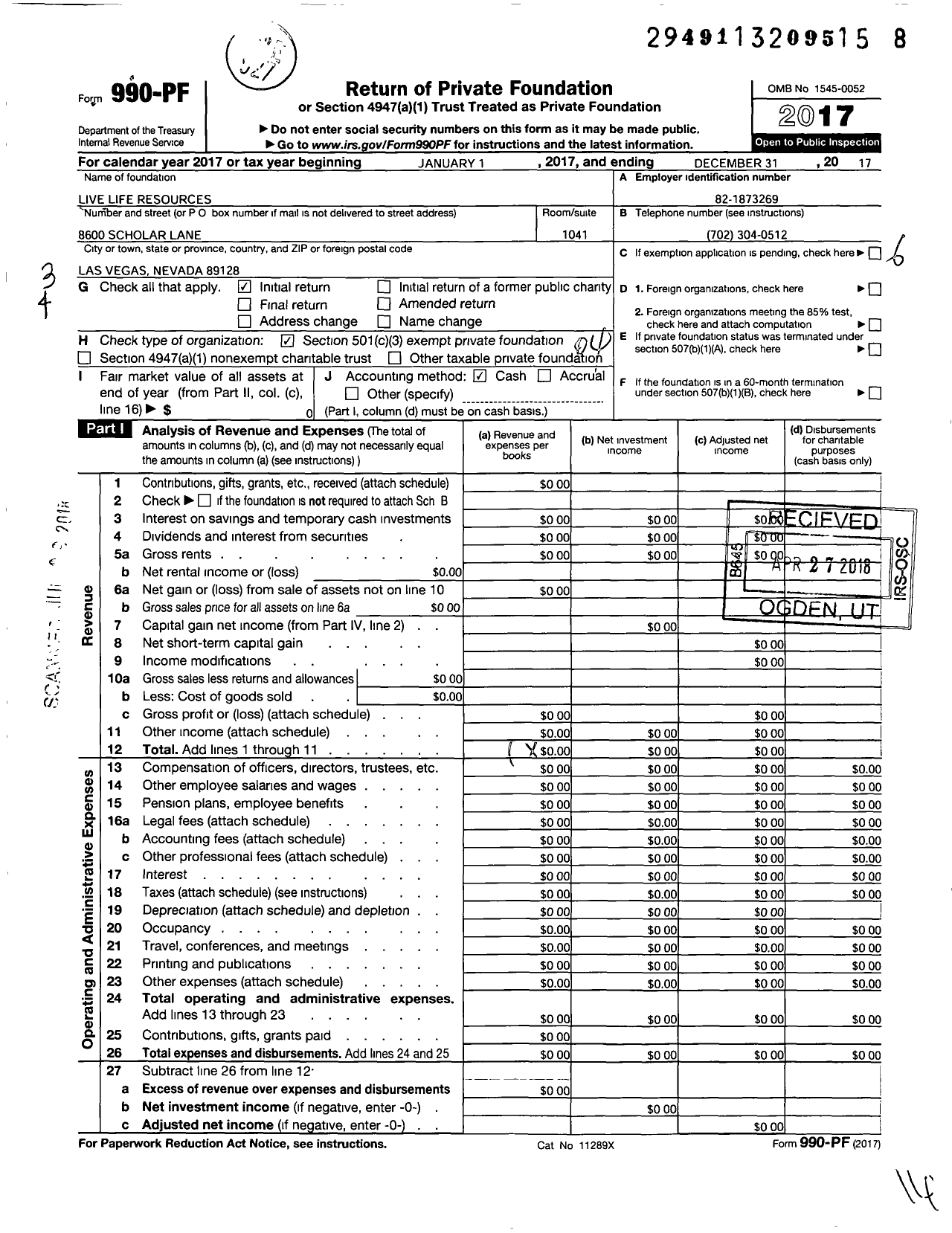 Image of first page of 2017 Form 990PF for Live Life Resources