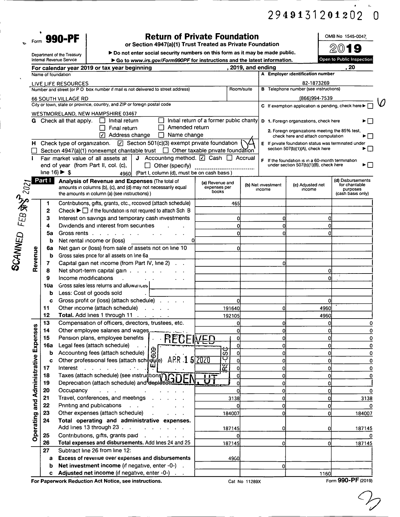 Image of first page of 2019 Form 990PF for Live Life Resources