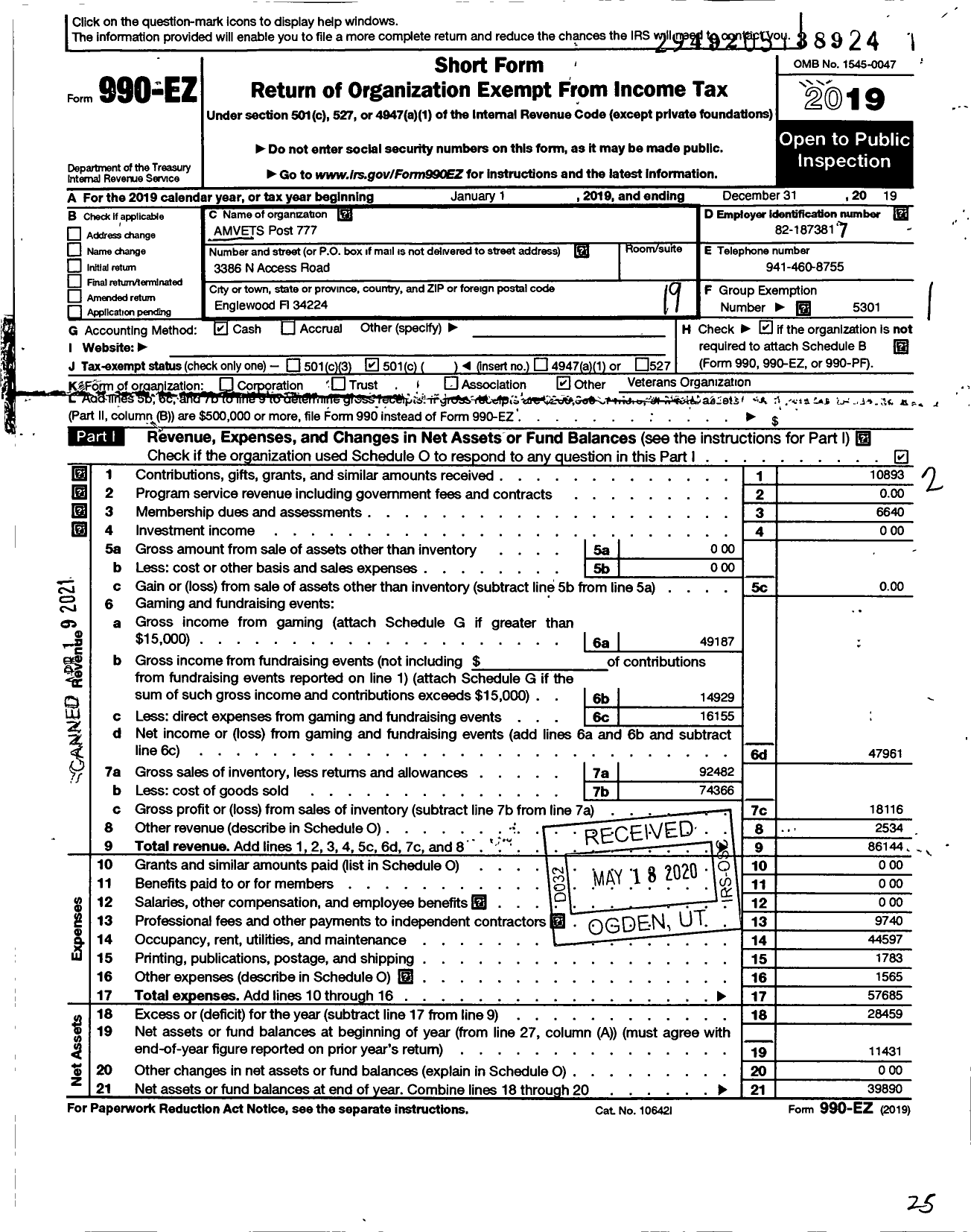 Image of first page of 2019 Form 990EO for Amvets Post 777