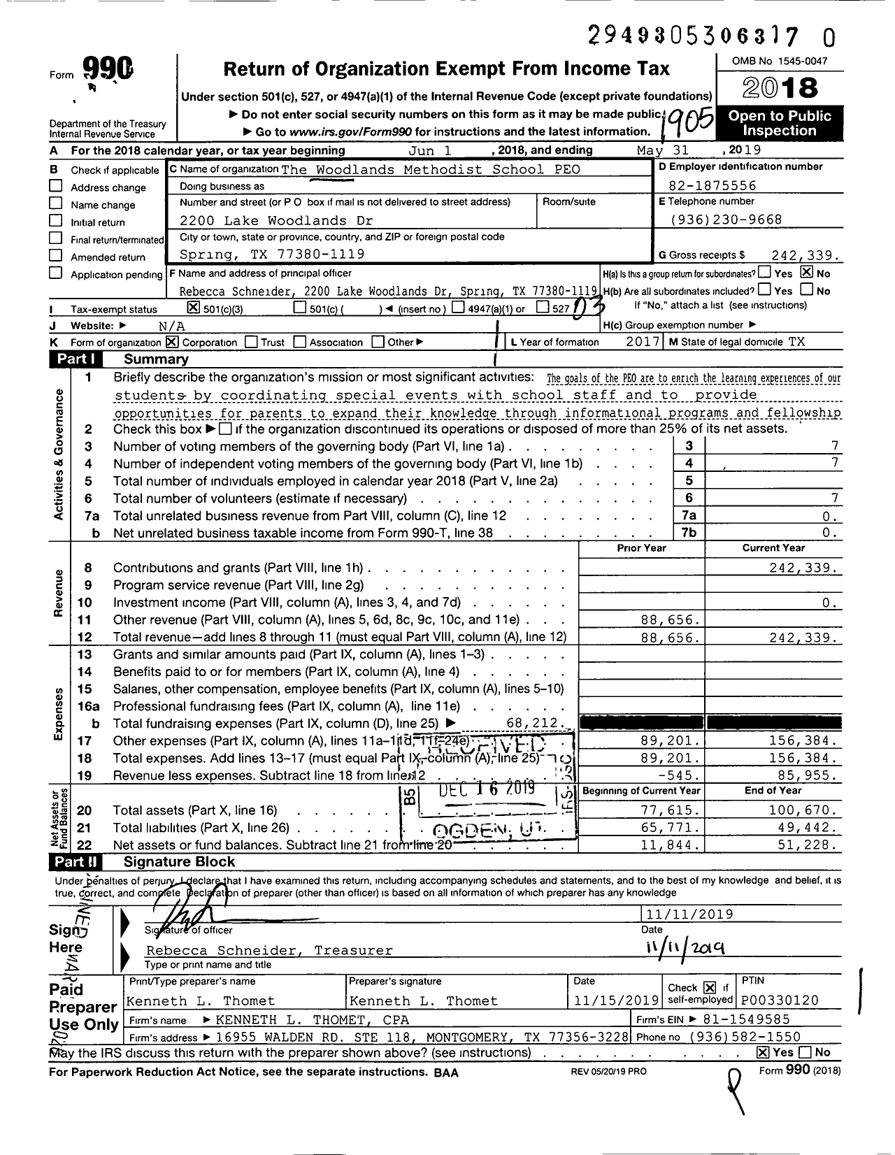 Image of first page of 2018 Form 990 for Woodlands Methodist Schoolparent Enrichment Organizati