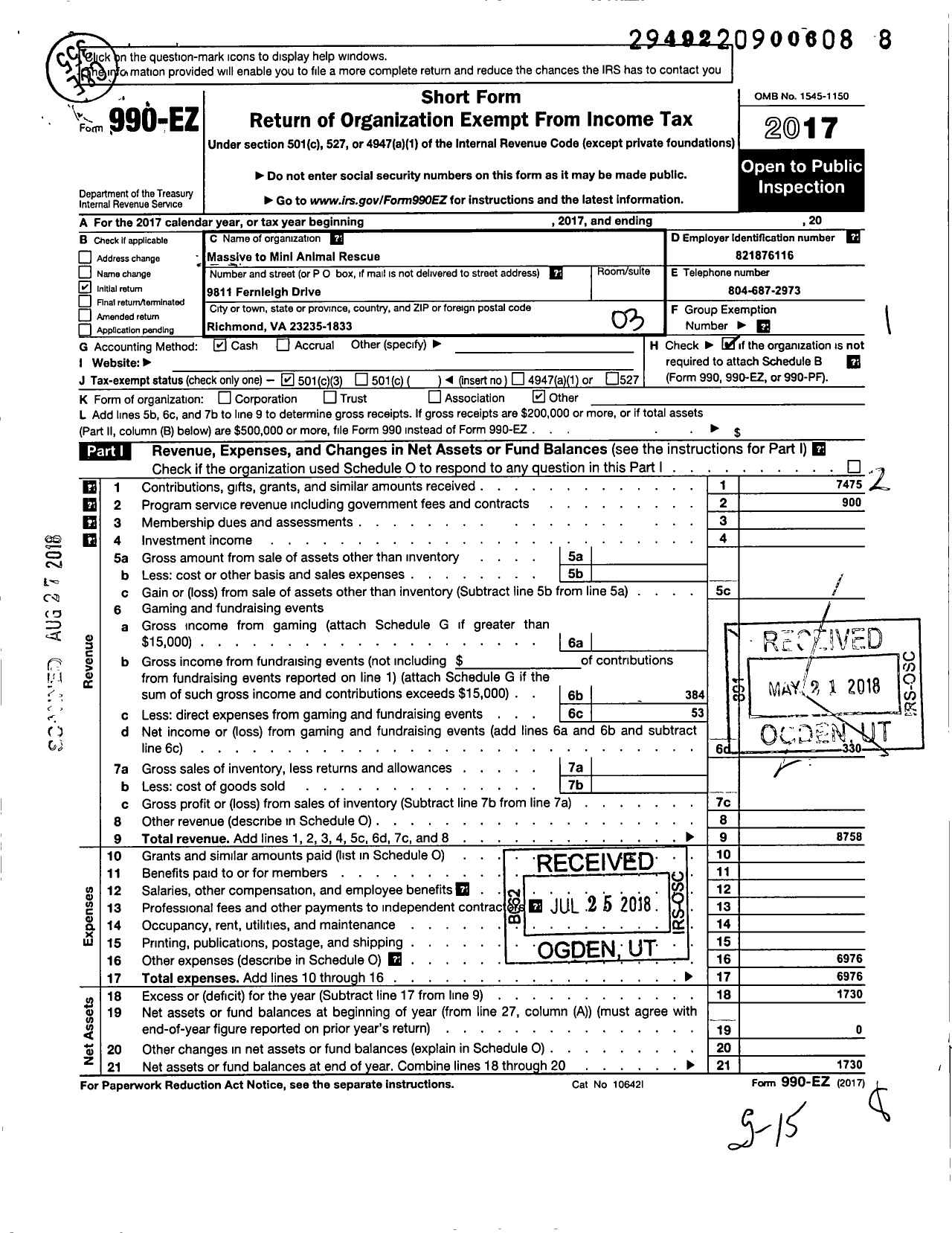 Image of first page of 2017 Form 990EZ for Massive To Mini Animal Rescue