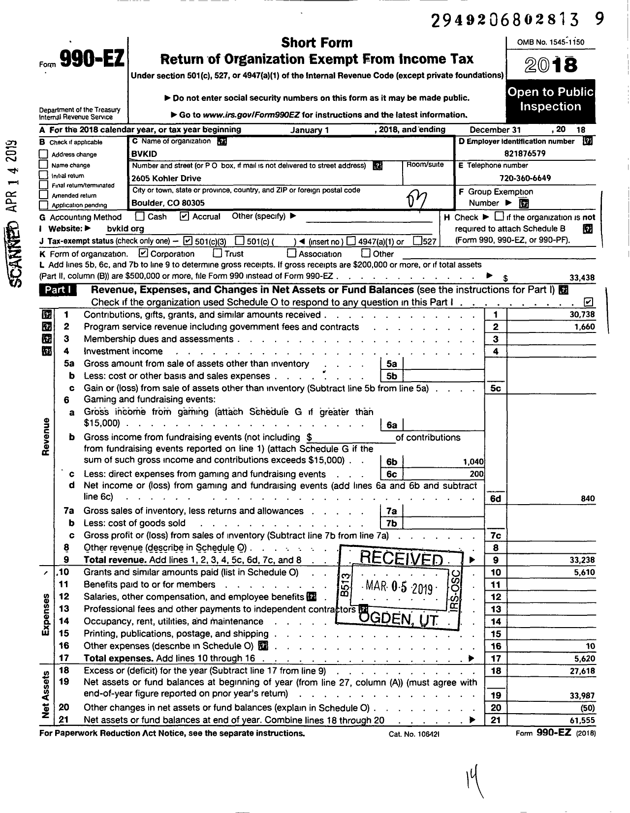 Image of first page of 2018 Form 990EZ for Bvkid