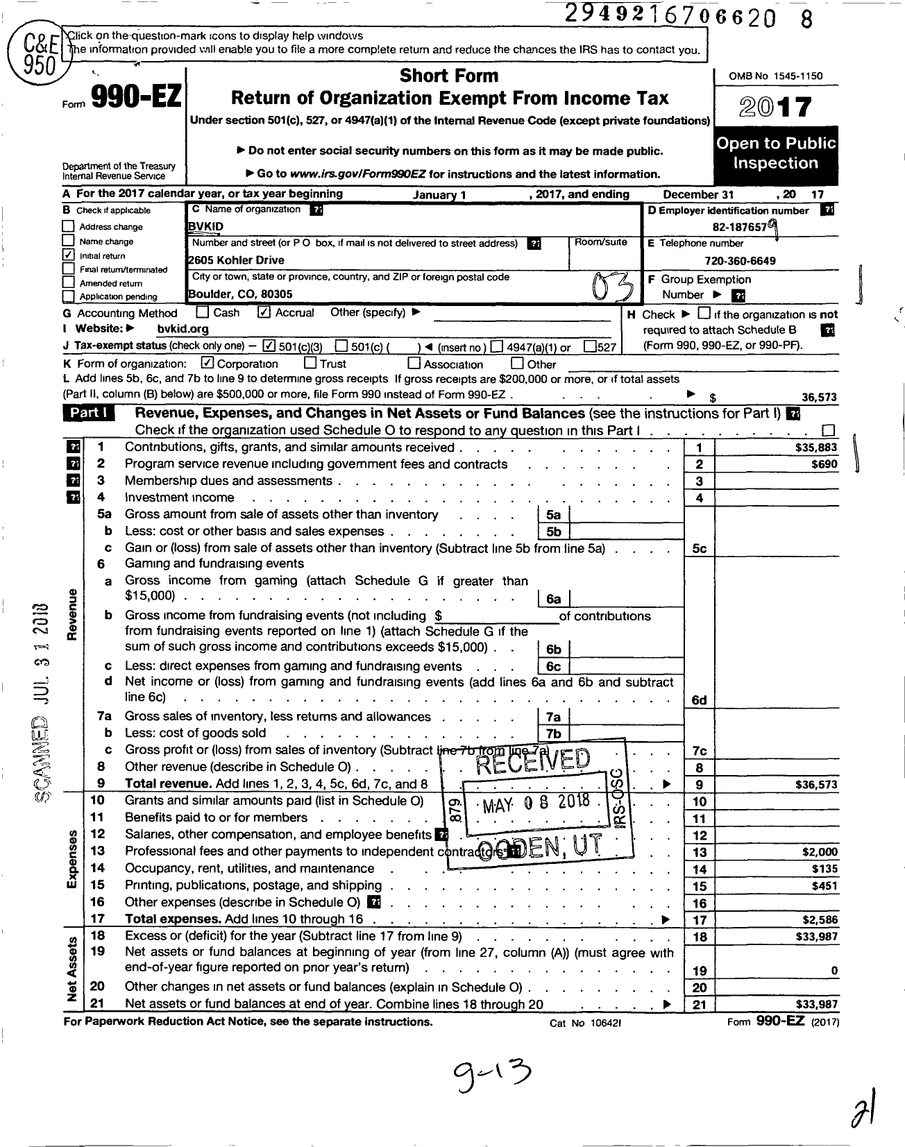 Image of first page of 2017 Form 990EZ for Bvkid