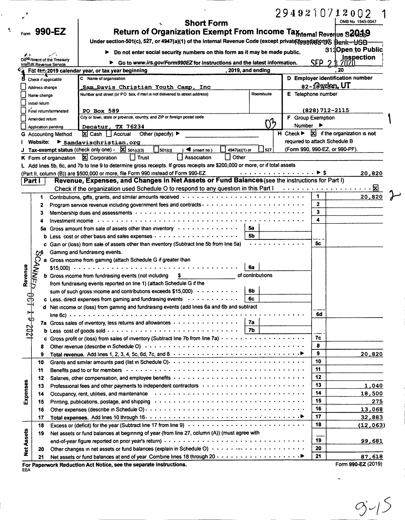 Image of first page of 2019 Form 990EZ for Sam Davis Christian Youth Camp