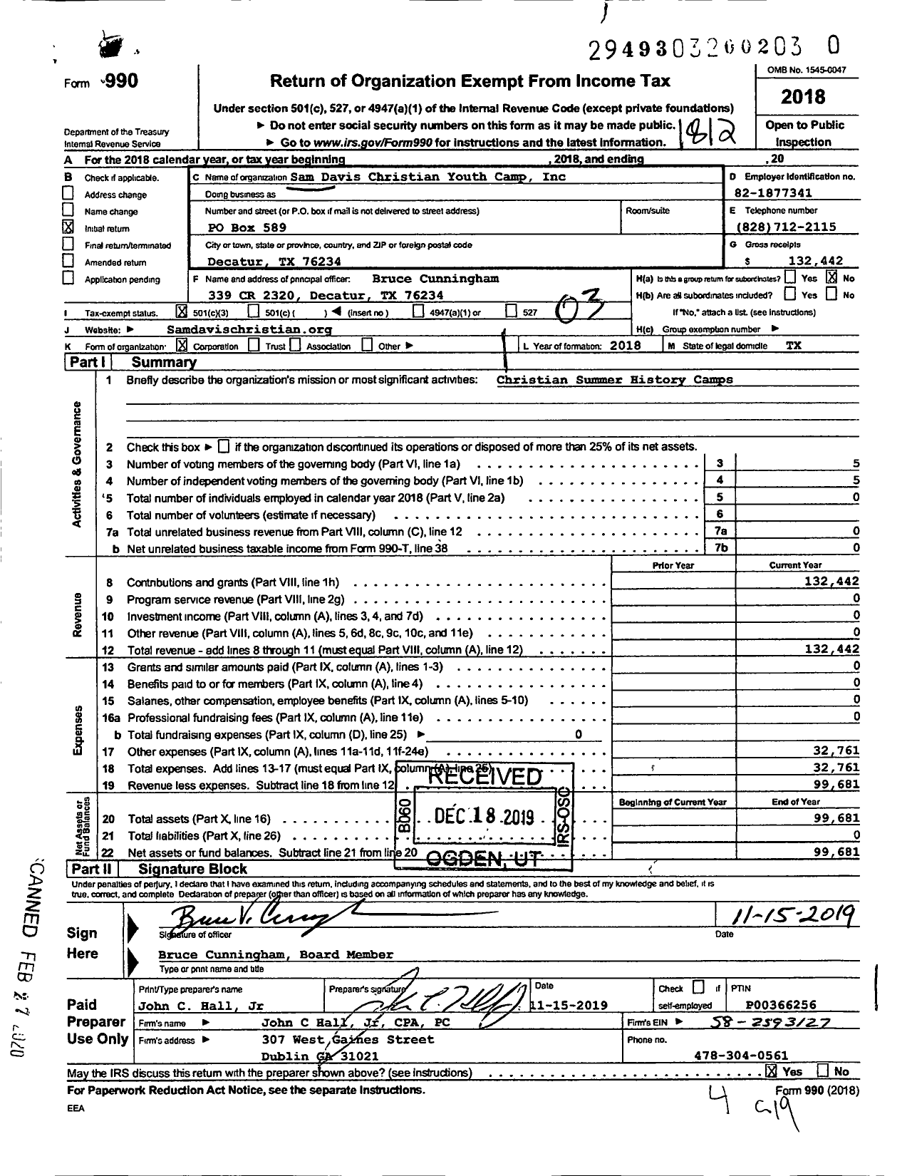 Image of first page of 2018 Form 990 for Sam Davis Christian Youth Camp