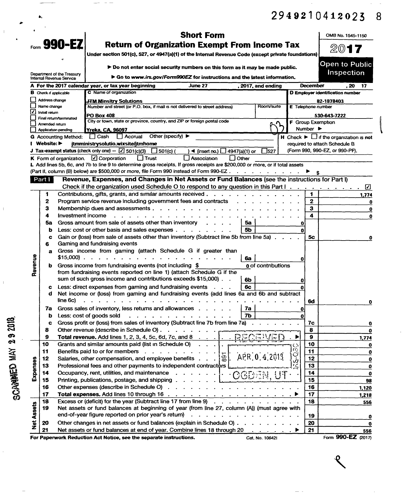 Image of first page of 2017 Form 990EZ for JTM Ministry Solutions