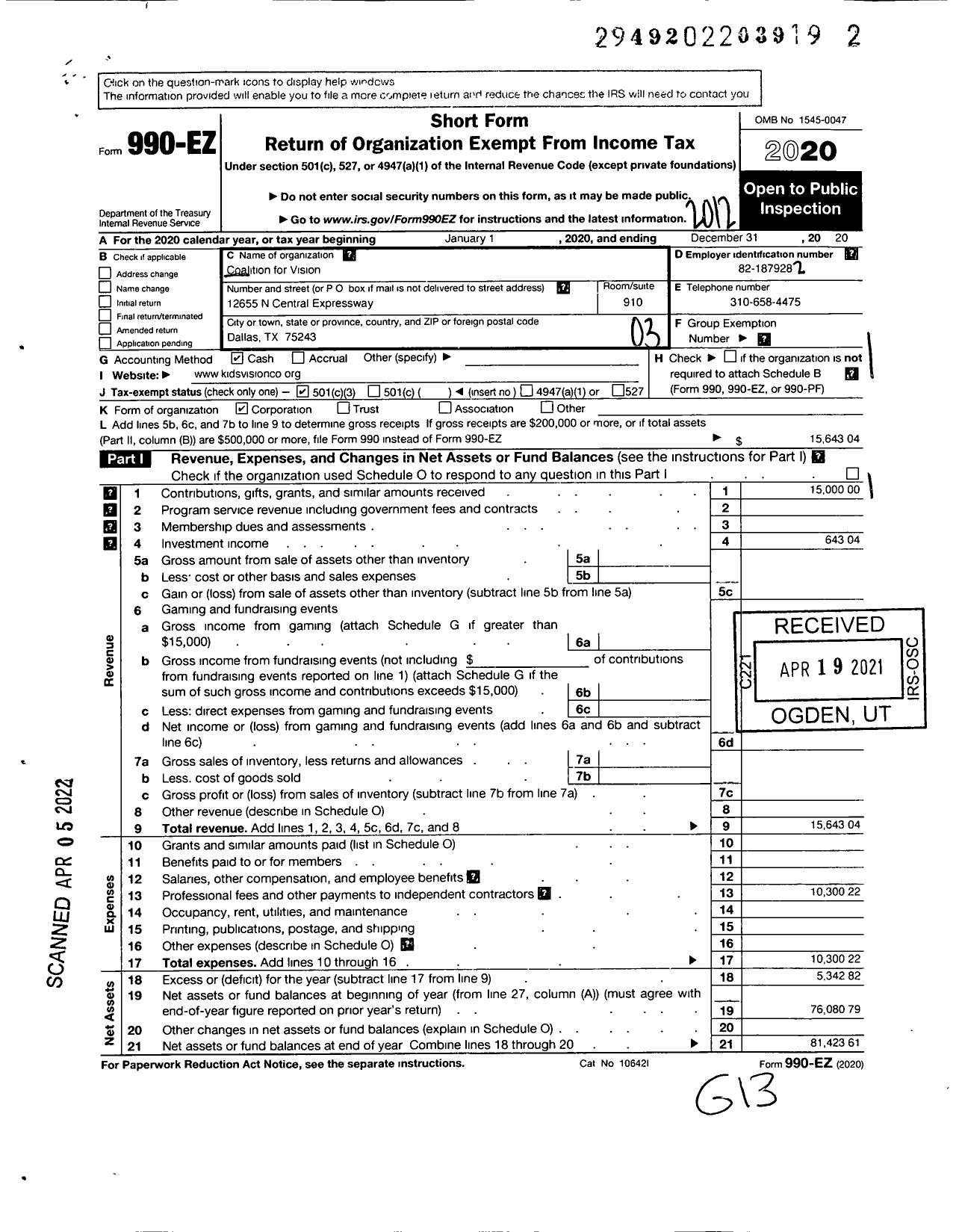 Image of first page of 2020 Form 990EZ for Coalition for Vision