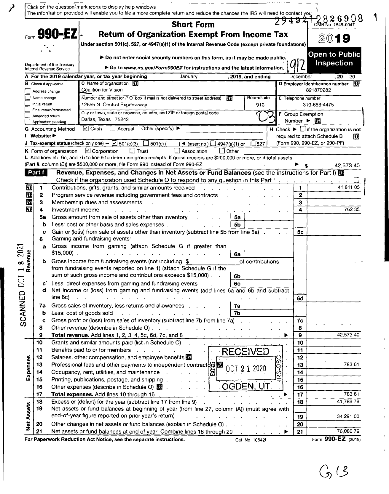 Image of first page of 2019 Form 990EZ for Coalition for Vision