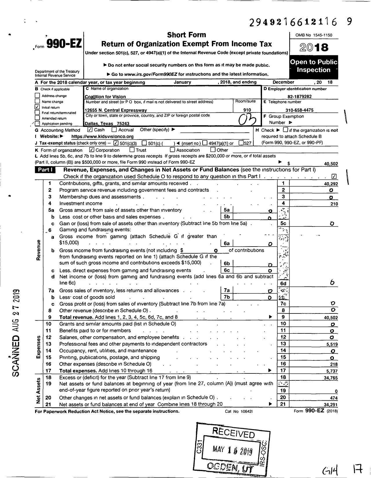 Image of first page of 2018 Form 990EZ for Coalition for Vision