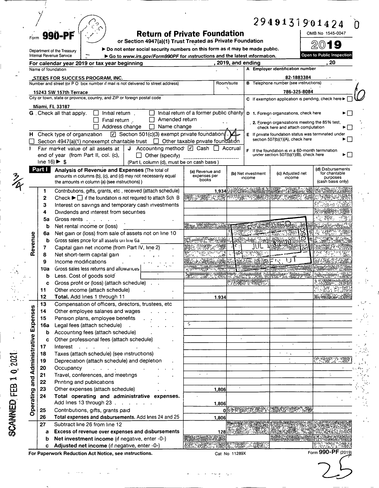 Image of first page of 2019 Form 990PF for Steps for Success Program