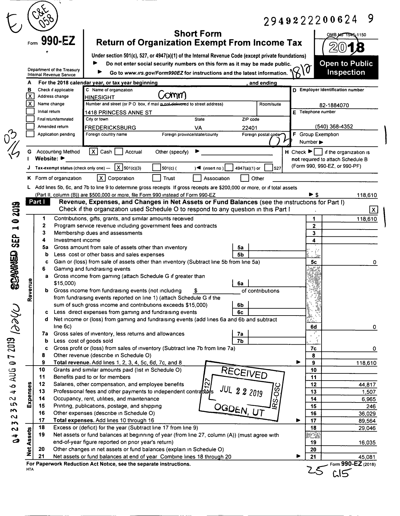 Image of first page of 2018 Form 990EZ for Hinesight