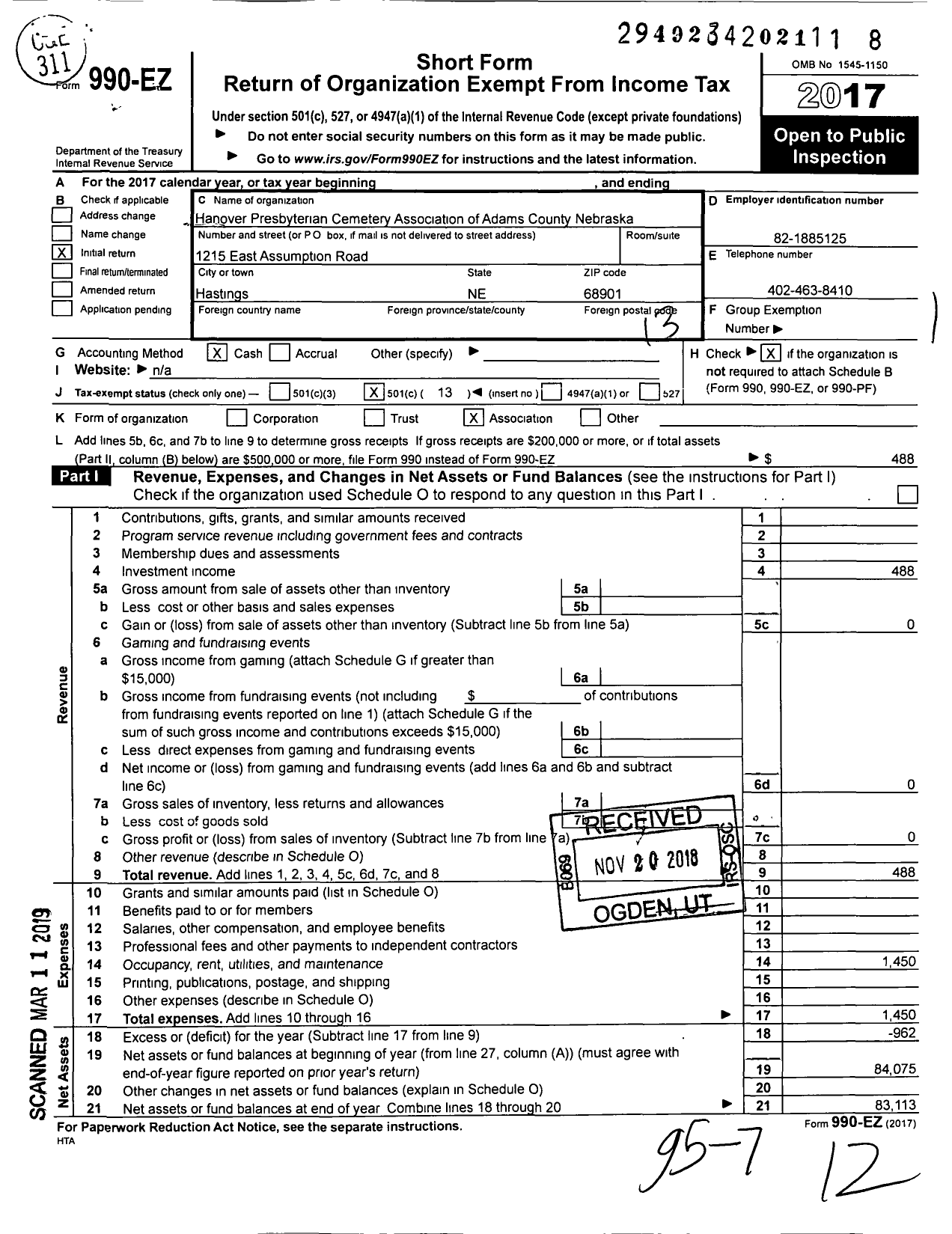 Image of first page of 2017 Form 990EO for Hanover Presbyterian Cemetery Association