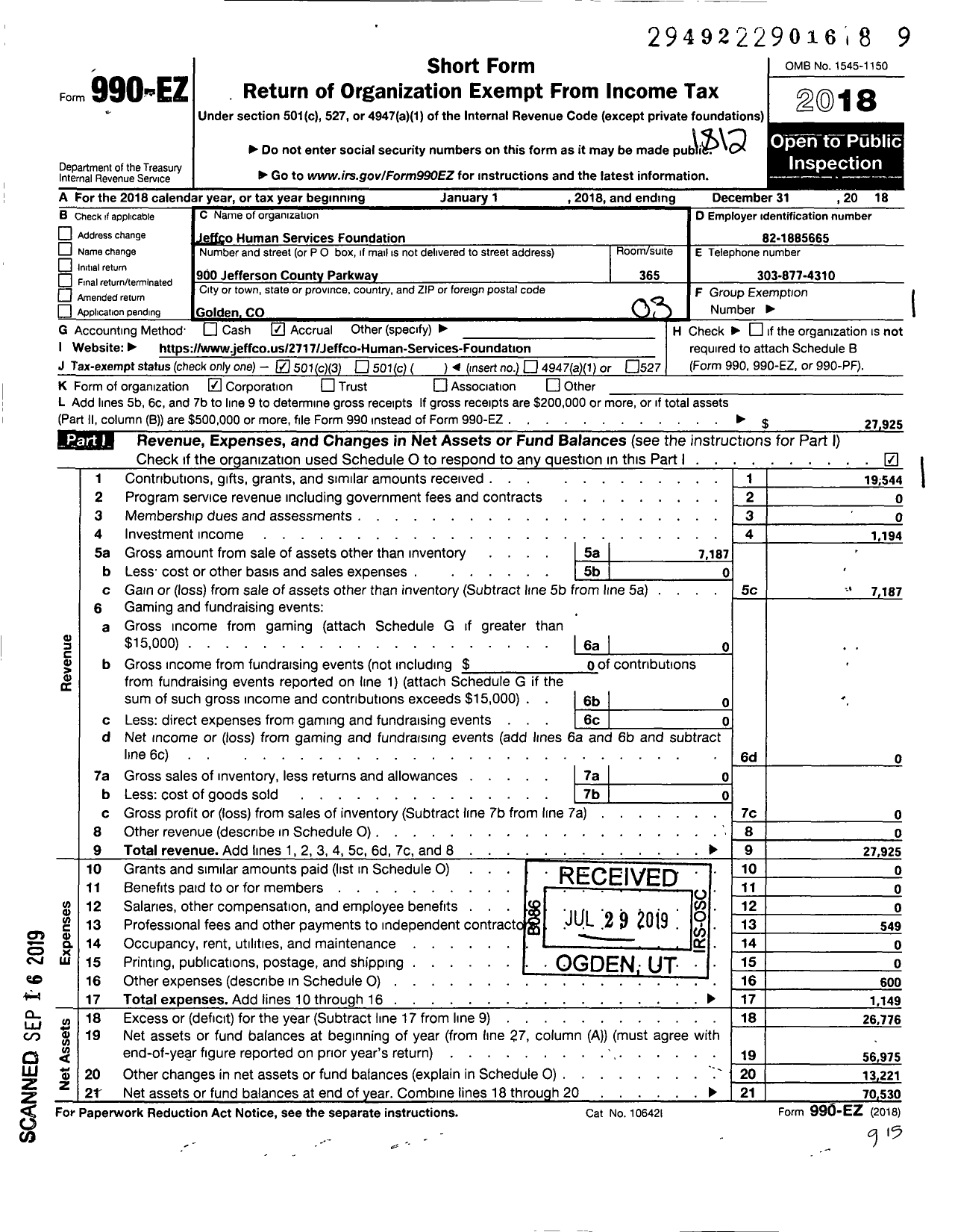 Image of first page of 2018 Form 990EZ for Jeffco Prosperity Partners