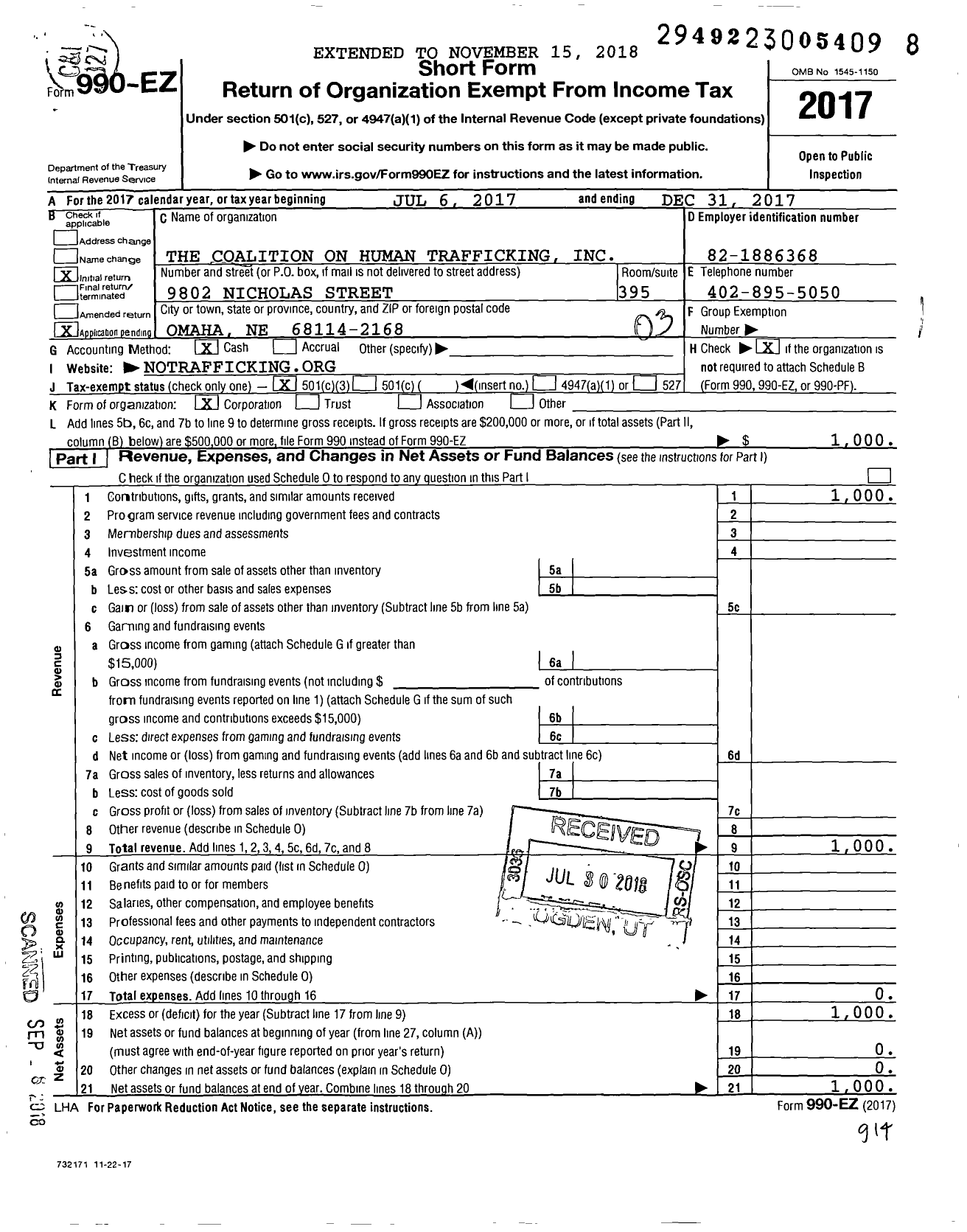 Image of first page of 2017 Form 990EZ for The Coalition on Human Trafficking