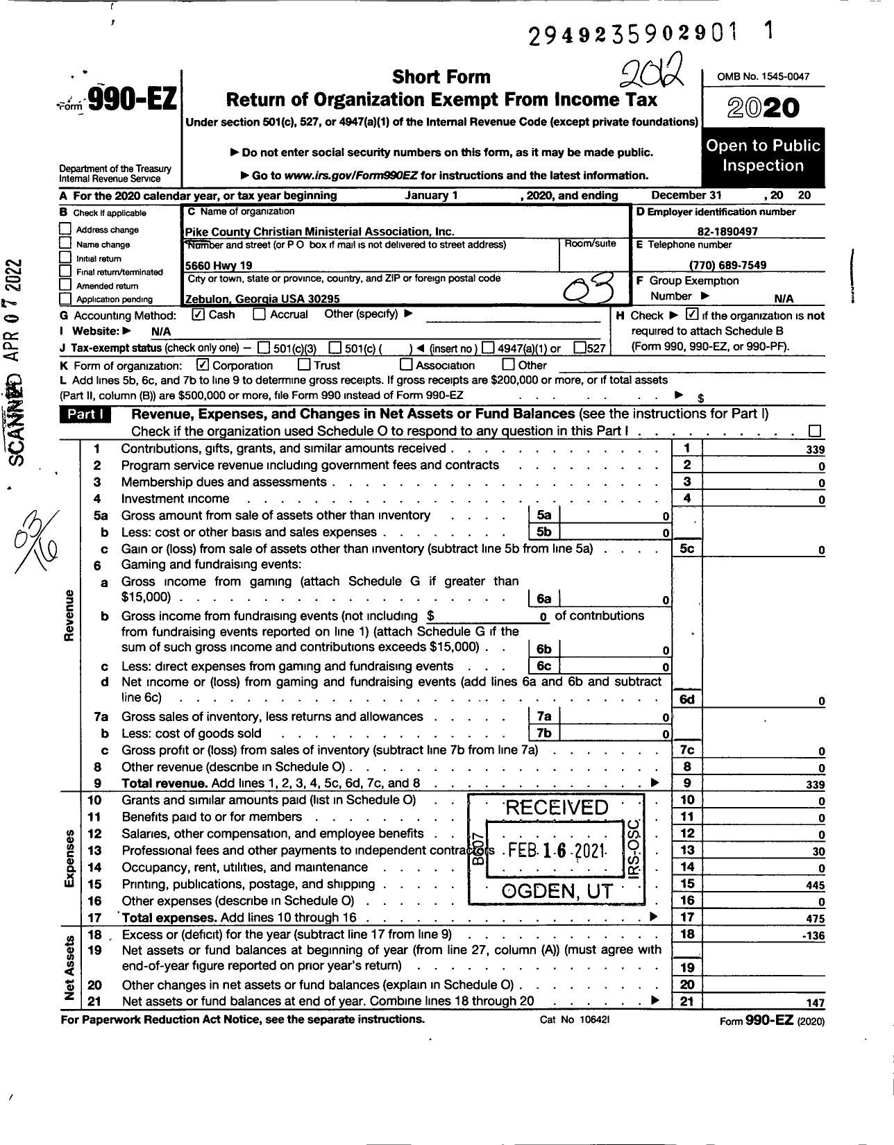 Image of first page of 2020 Form 990EZ for Pike County Christian Ministerial Association