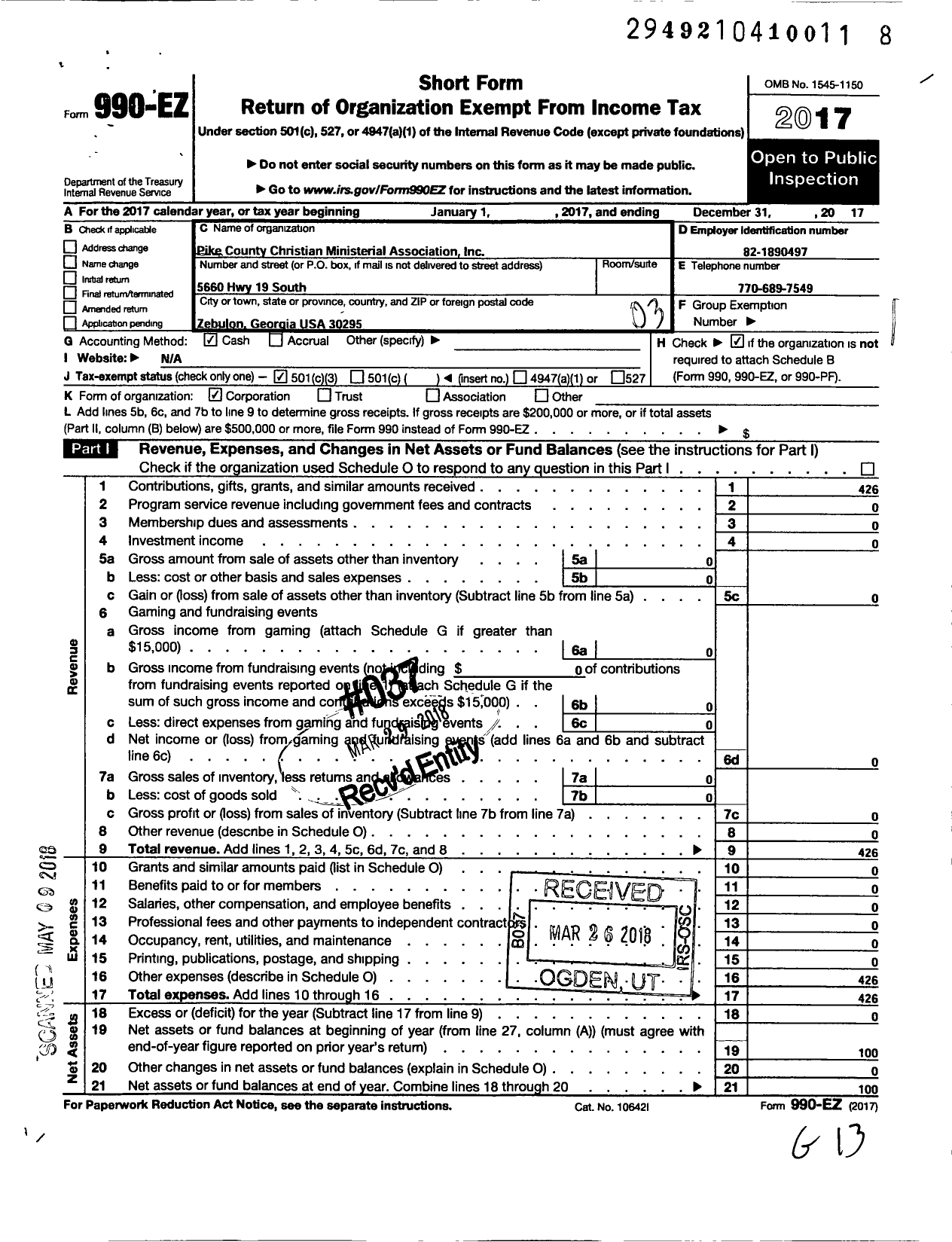 Image of first page of 2017 Form 990EZ for Pike County Christian Ministerial Association