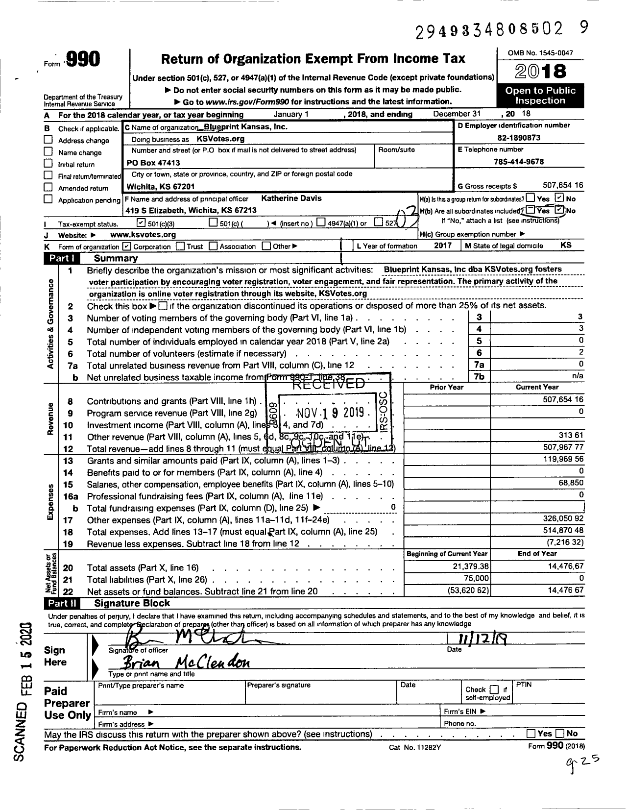 Image of first page of 2018 Form 990 for KSVotes Org