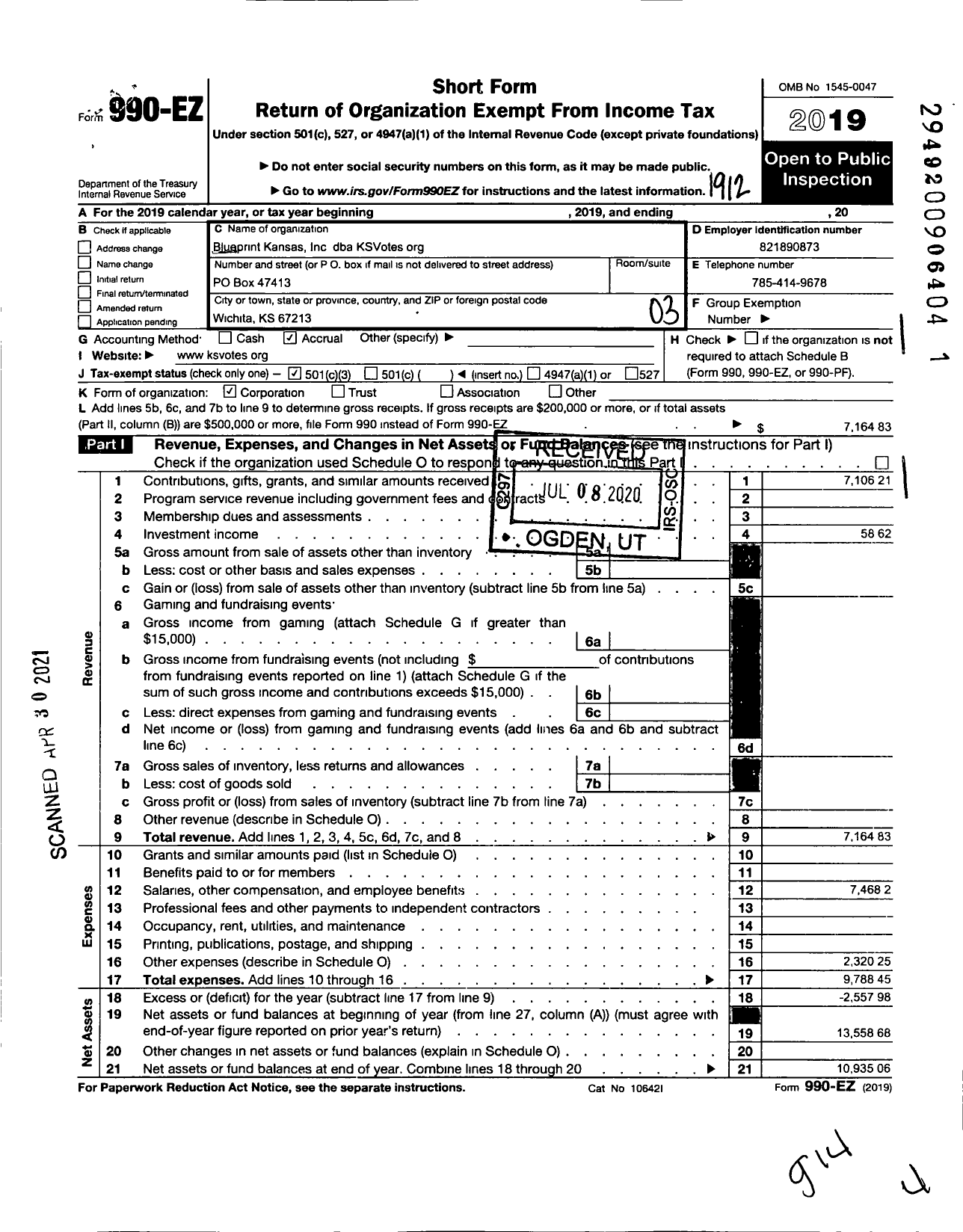 Image of first page of 2019 Form 990EZ for KSVotes Org